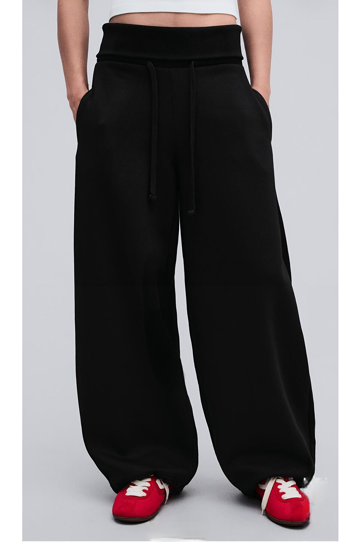 Hira Online Üç İplik Şardonlu Kıvrımlı Kaşkorse Bel Cepli Ayarlanabilir Lastikli Ultra Bol Barrel Fit Baggy Pantolon\Eşofman Altı görsel 3