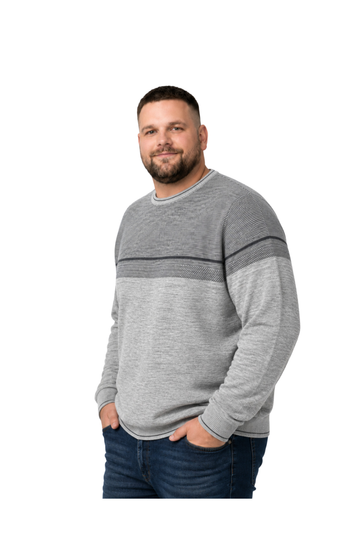 BattalModa Erkek Büyük Beden Gri Bisiklet Yaka Ufuk Triko Kazak 5XL-6XL-7XL-8XL görsel 2
