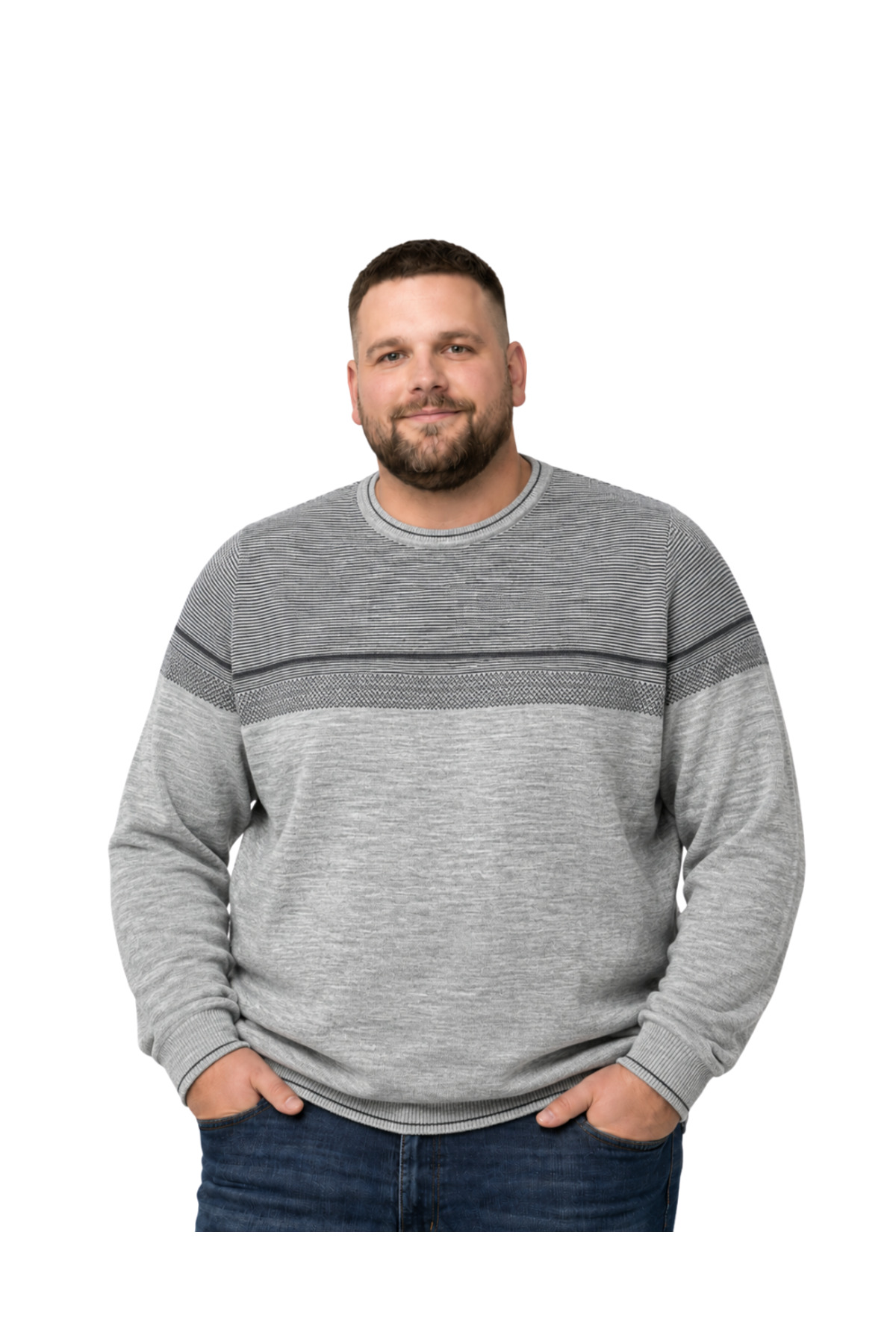 BattalModa Erkek Büyük Beden Gri Bisiklet Yaka Ufuk Triko Kazak 5XL-6XL-7XL-8XL