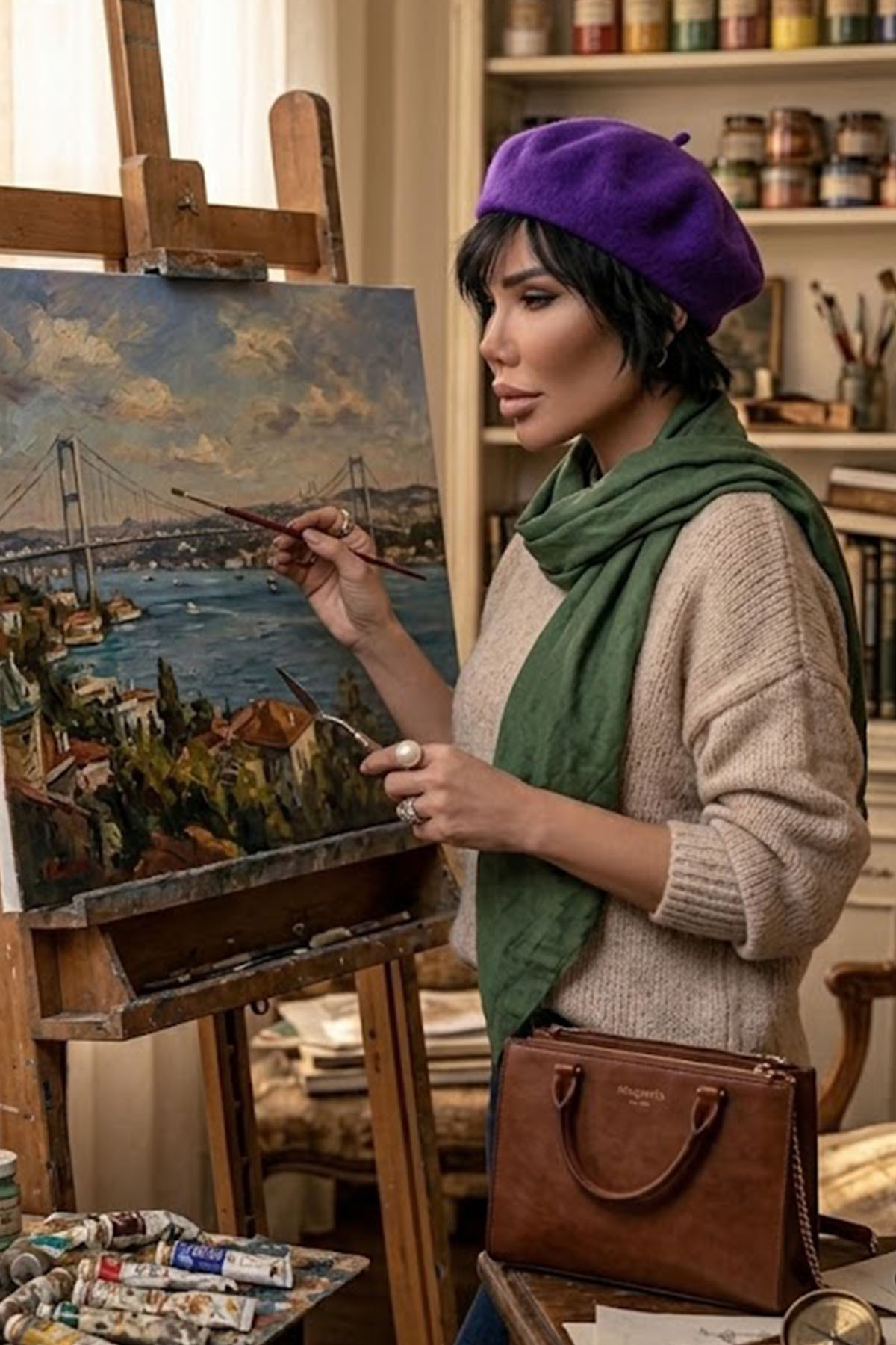 Ritagarcia Vintage Tarz Kadın Fransız Keçe Ressam Bere görsel 5