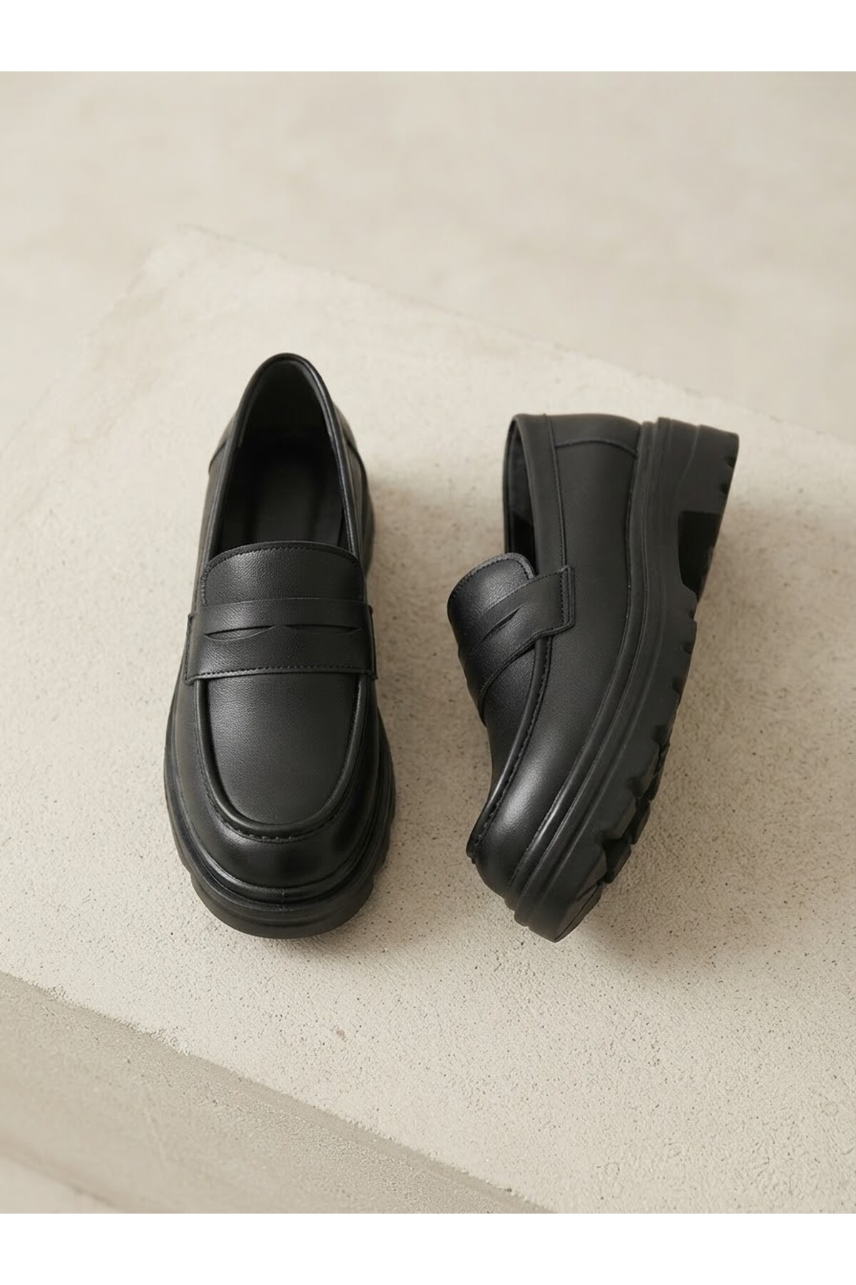 Zenora Shoes Kadın Loafer Makosen Siyah Cilt Kalın Tabanlı Ayakkabı görsel 6