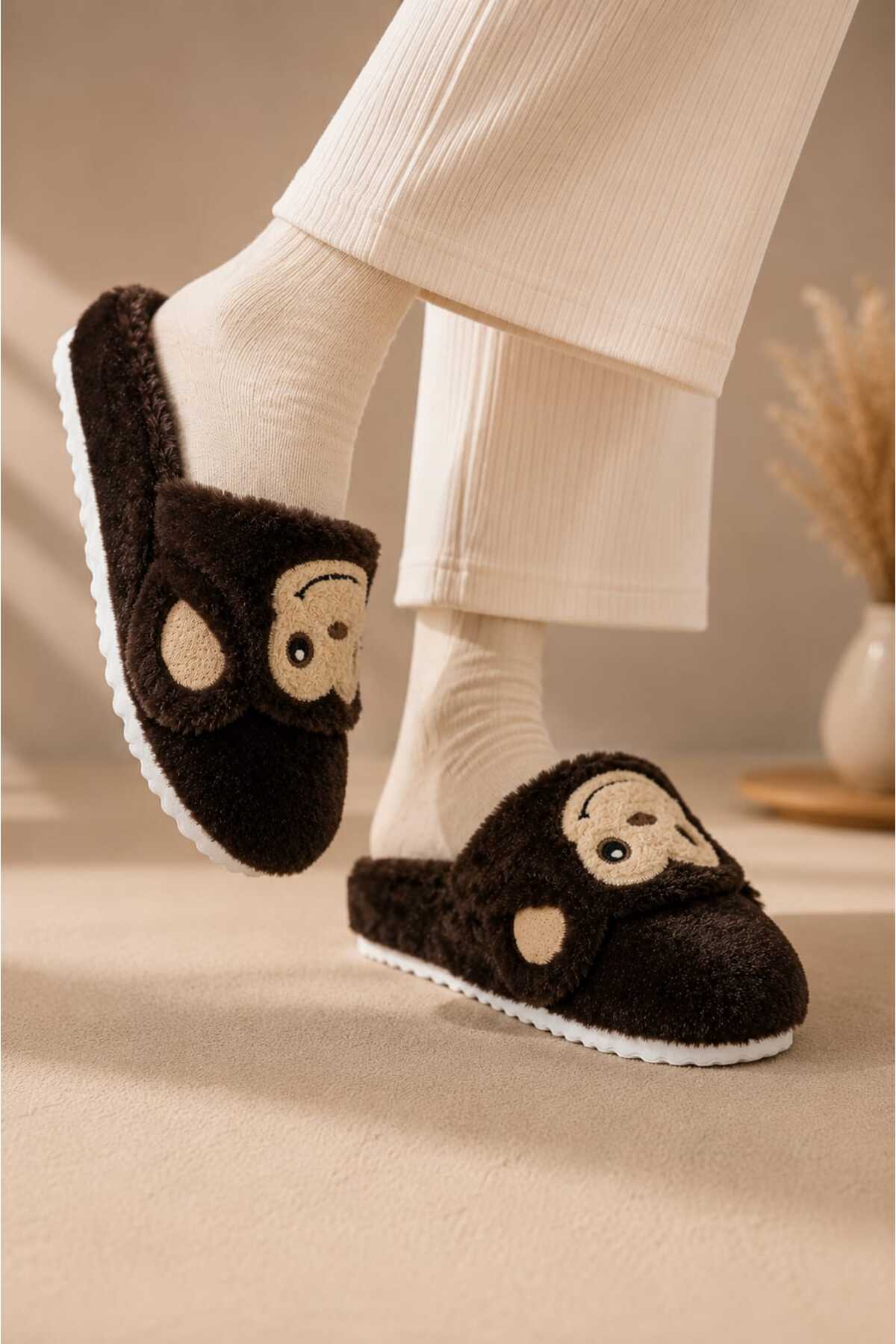 Slipcat Maymun Figürlü, Yumuşak, Sıcak Tutan, Rahat, Kışlık Panduf, Peluş Ev Terliği görsel 6