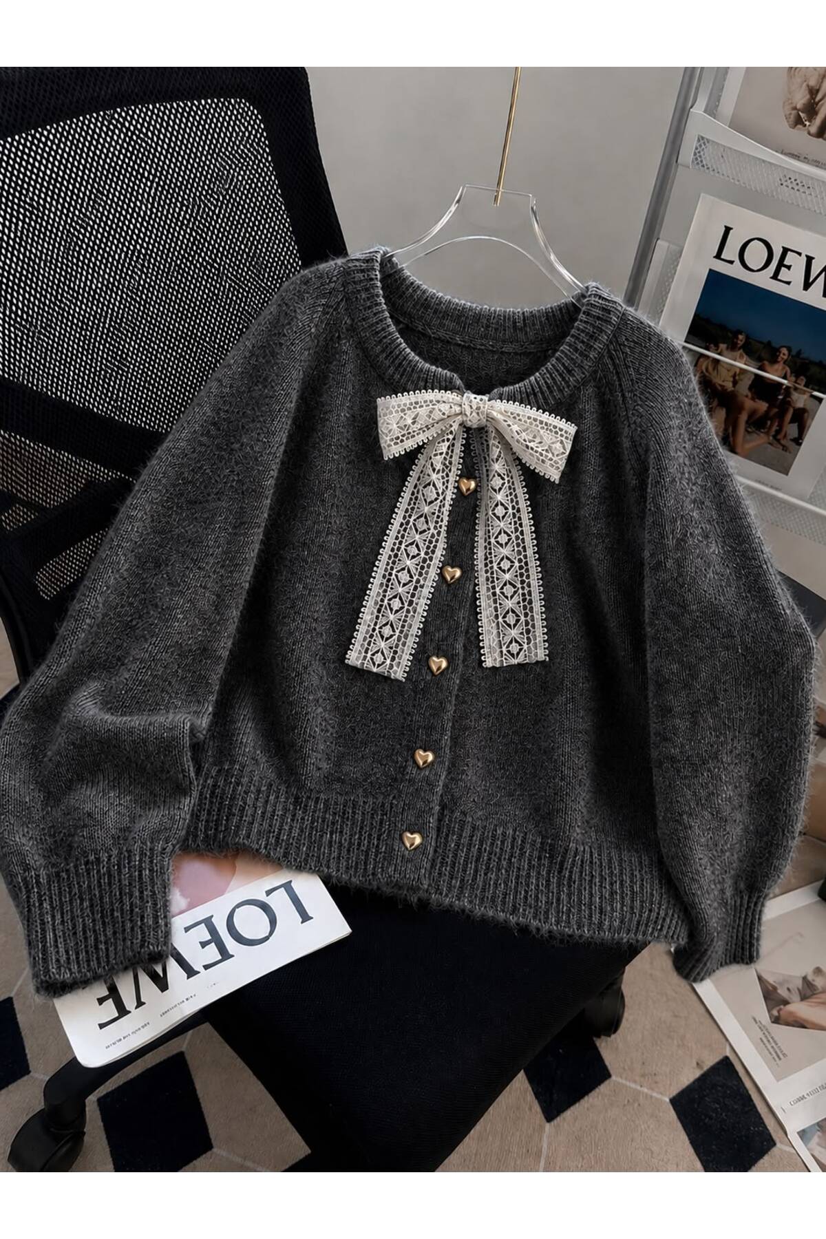 NATUFIAN STORE Kadın Fiyonk Bağlamalı Dantelli Kalp Düğmeli Yumoş Basic Triko Hırka