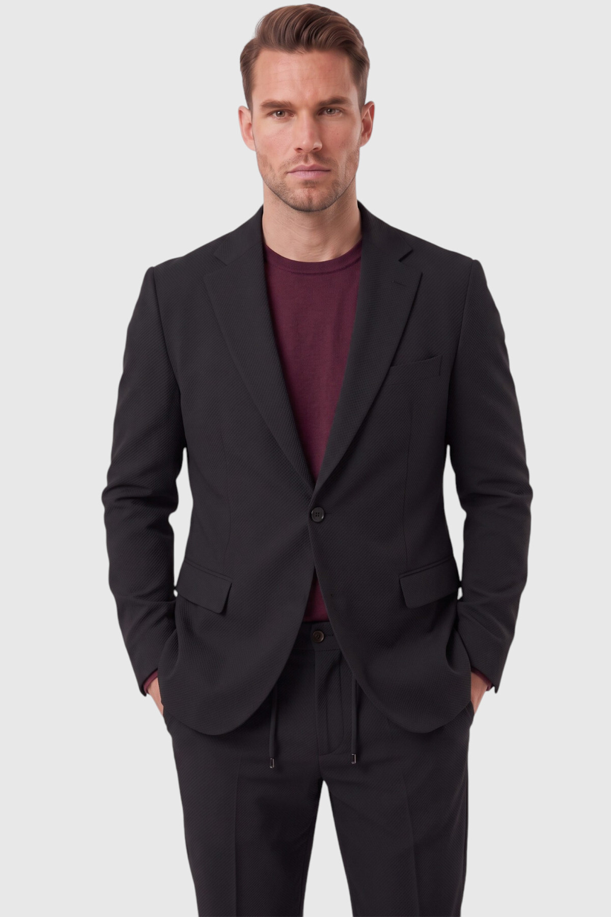 Erkek Siyah Slim Fit Likralı Gofre Kumaş Takım Elbise İpli Lastikli Pantolon 2602326 — مشکی OWEEY2602326 — تصویر 2 از 7