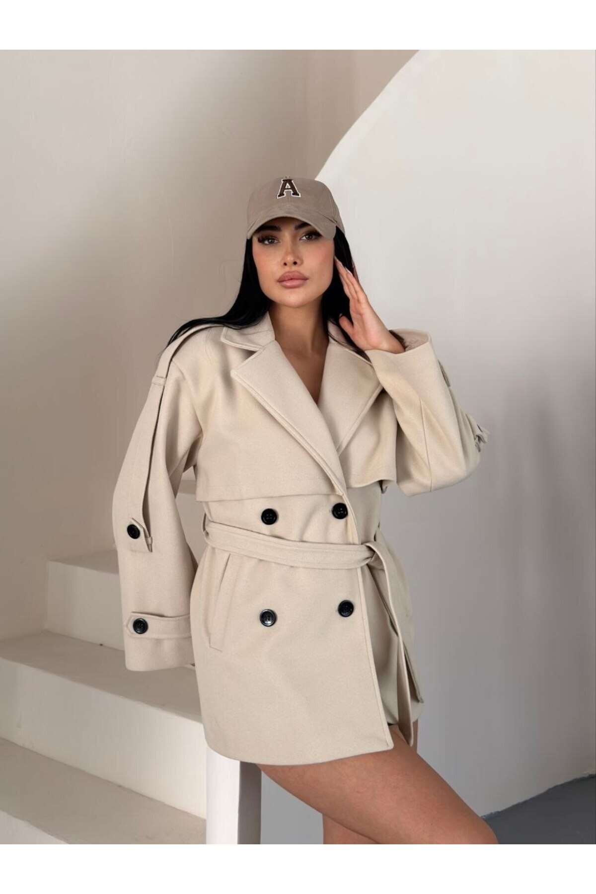 DENİKK TREND KADIN KRUVAZE PREMIUM KAŞE TRENÇKOT KABAN-Trendy Women's Double-Breasted Wool-Blend Winter Coat görsel 2