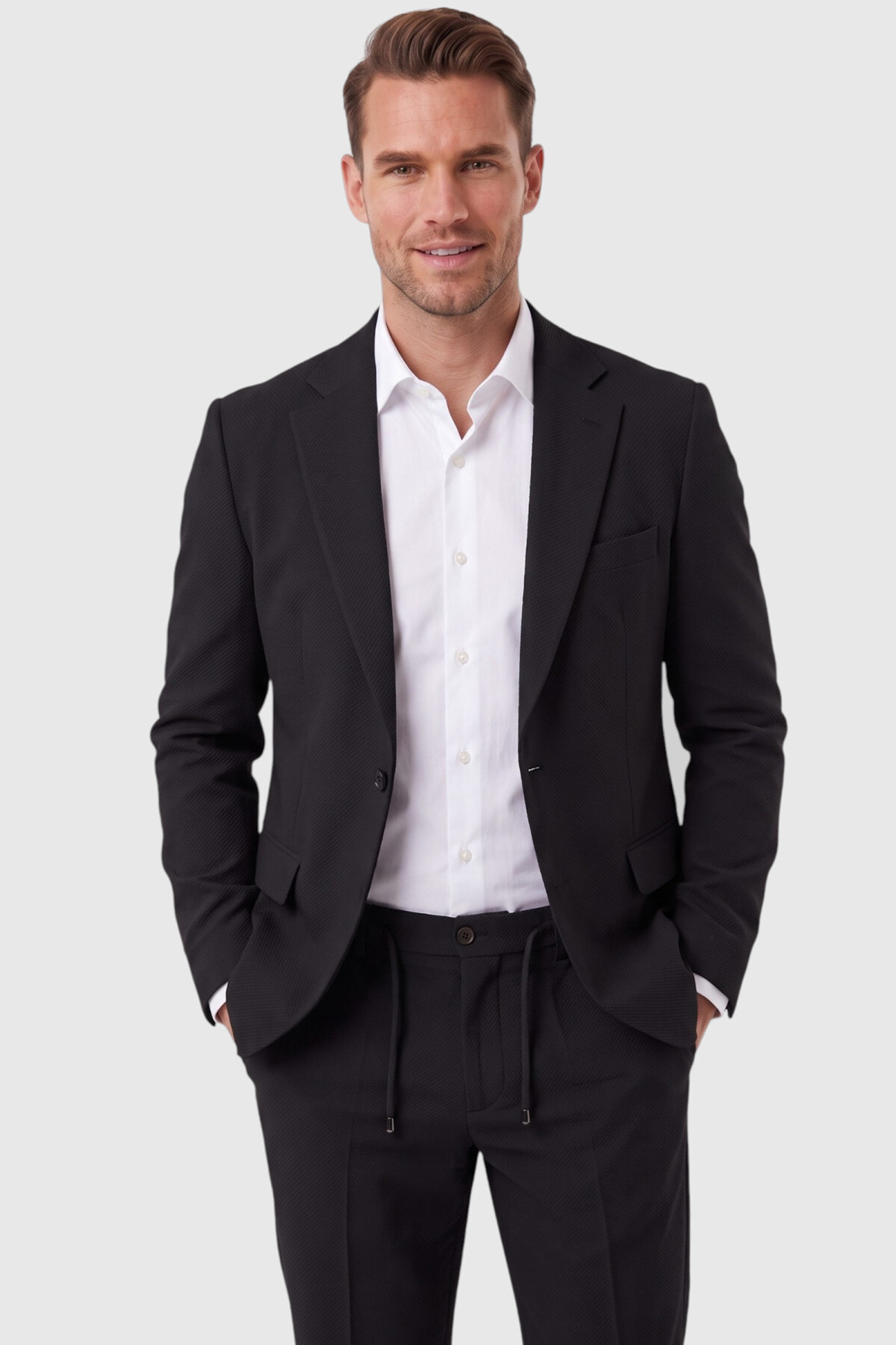 Erkek Siyah Slim Fit Likralı Gofre Kumaş Takım Elbise İpli Lastikli Pantolon 2602326 — مشکی OWEEY2602326 — تصویر 3 از 7