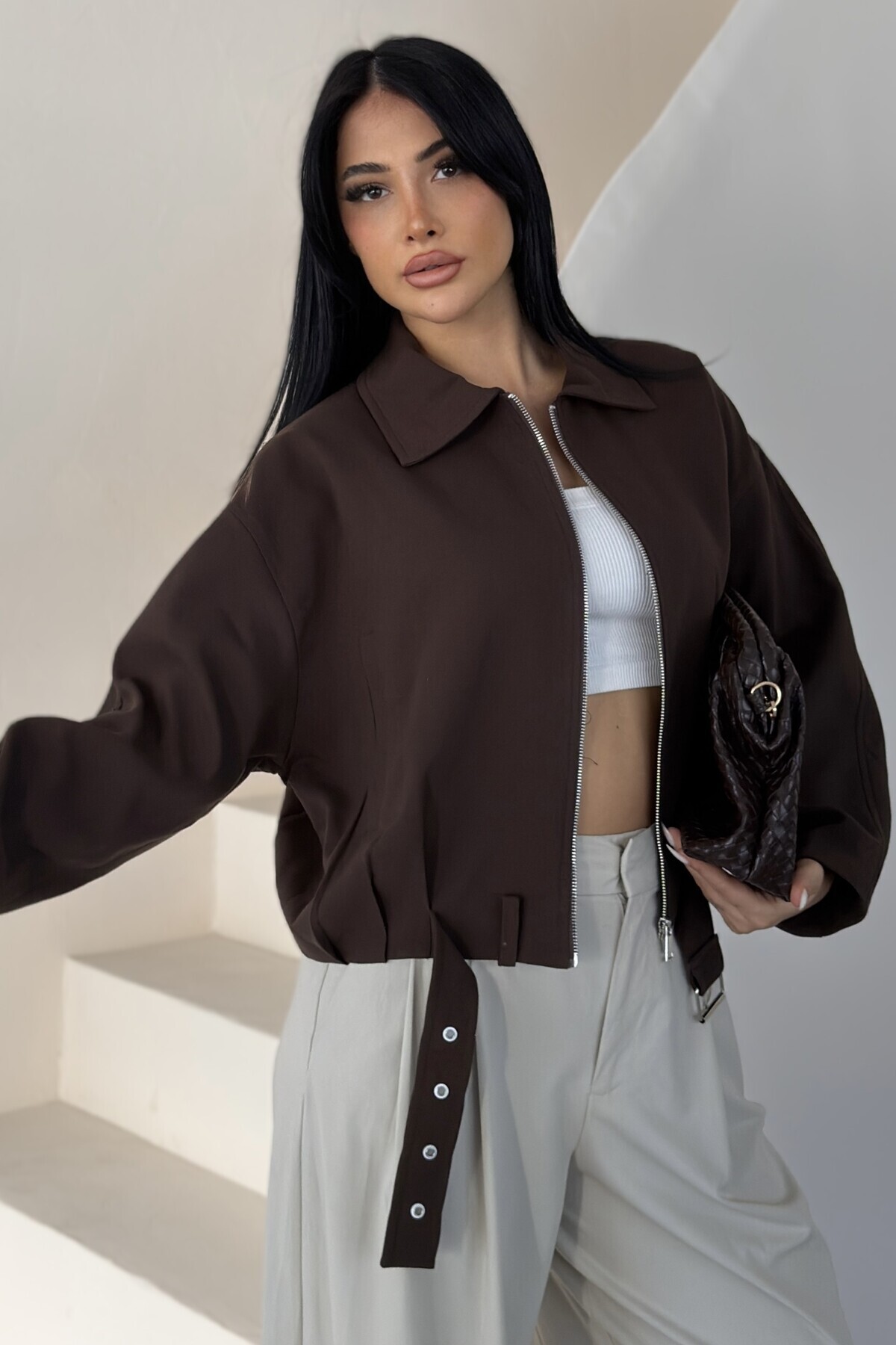 gm giyimarket Yeni Sezon Kadın Oversize Beli Kemerli Bomber Mevsimlik Ceket