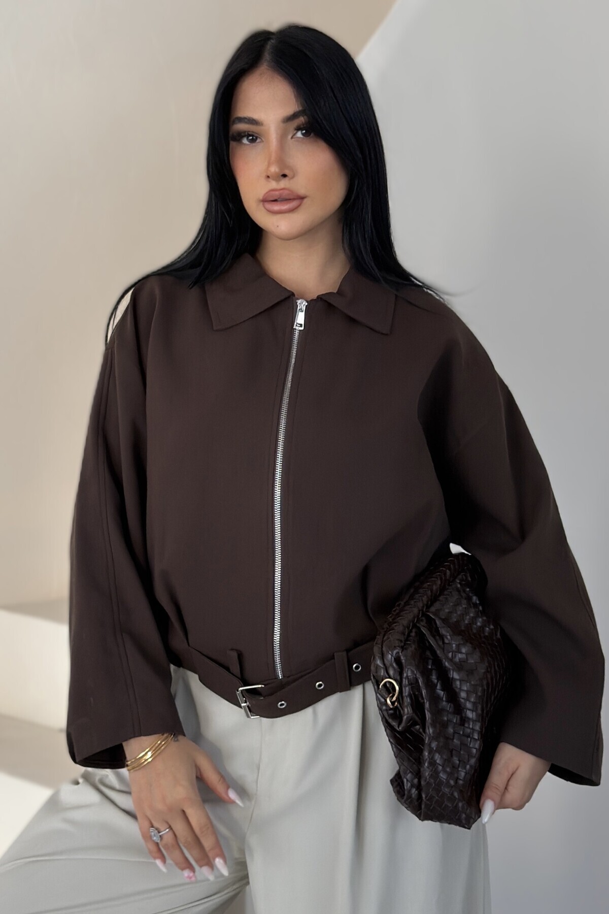 gm giyimarket Yeni Sezon Kadın Oversize Beli Kemerli Bomber Mevsimlik Ceket görsel 5