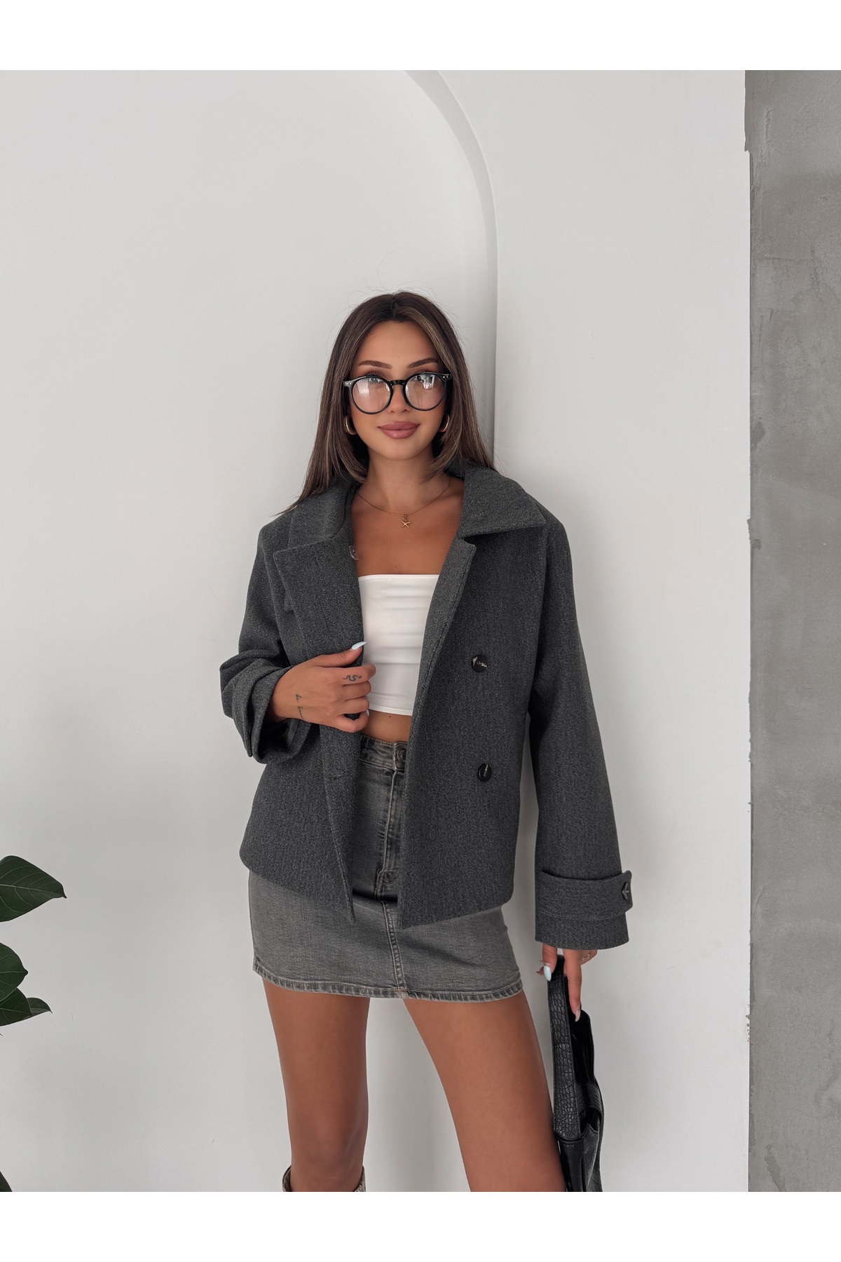 Bella Breeze Kadın Oversize Dik Yaka Düğmeli Kısa Kaban görsel 7