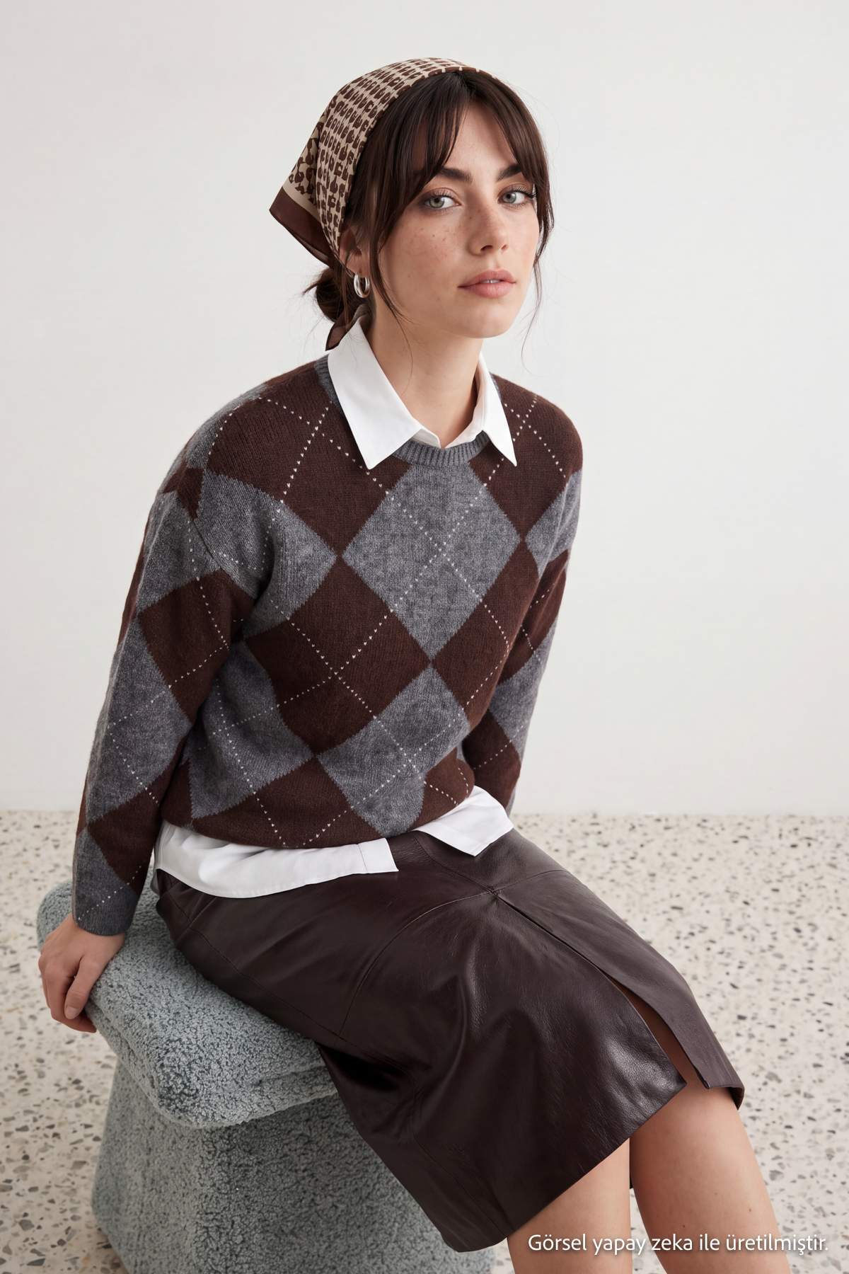 Trendyolmilla Modest Antrasit Yumuşak Dokulu Ekose / Kareli Ajur Triko TCTAW27AK00001