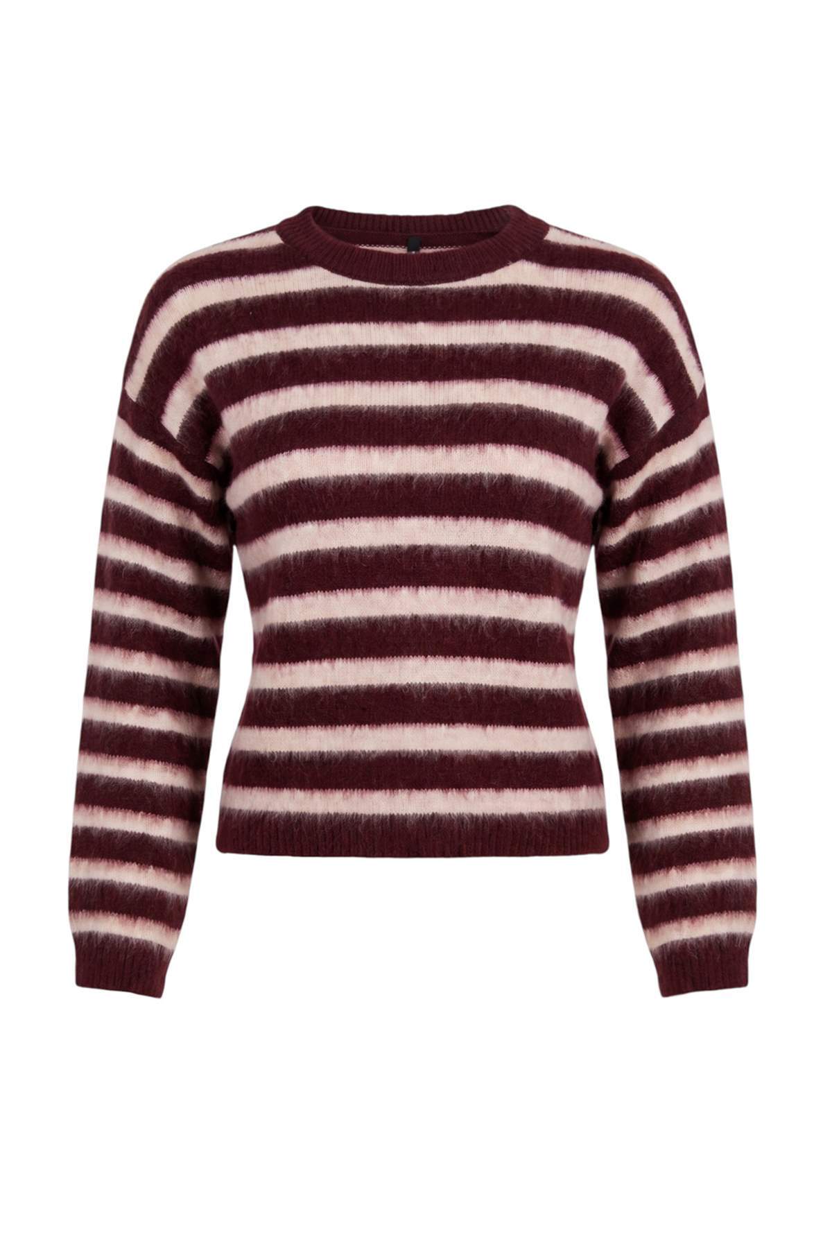 Trendyolmilla Bordo Çizgili Oversize Bisiklet Yaka Yumuşak Bereli Triko Kazak TWOAW27KZ00198