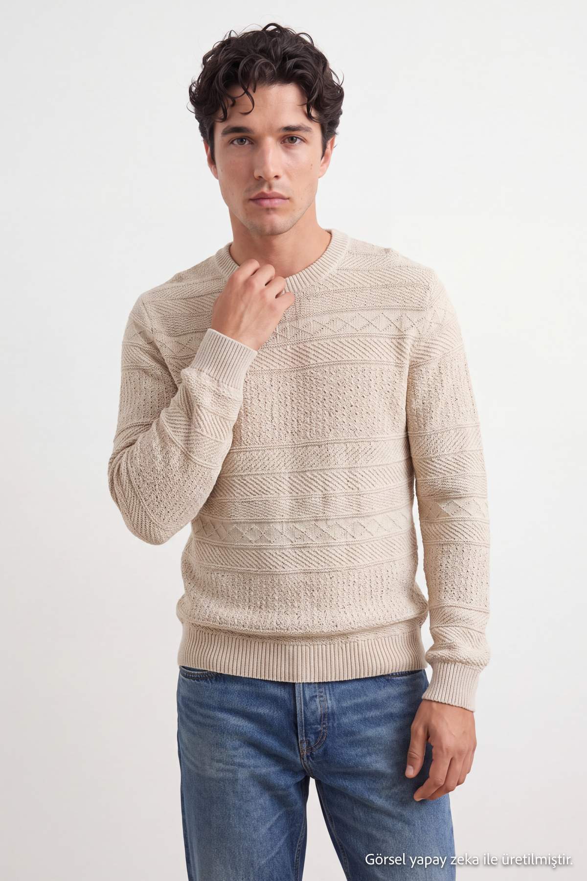Trendyolmilla Man Bej Regular/Normal Kesim Dokulu Bisiklet Yaka Triko Kazak TMNAW27KZ00014