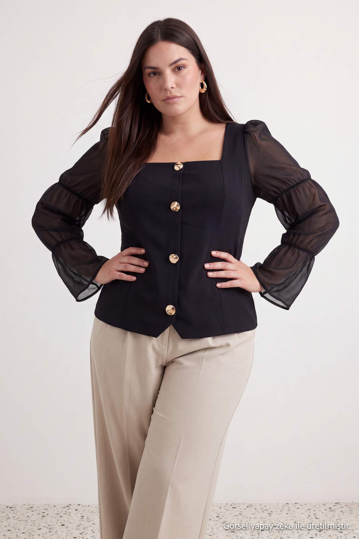 Trendyolmilla Curve Siyah Dokuma Kolları Tül Düğmeli Büyük Beden Bluz TBBAW27AF00008