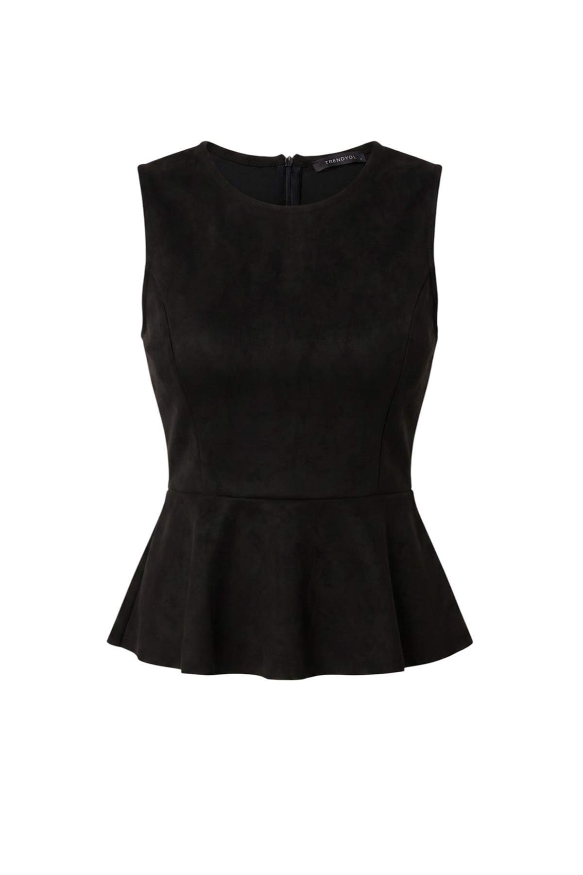 Trendyolmilla Siyah Süet Peplum Bisiklet Yaka Kolsuz Örme Bluz TWOAW27BZ00261