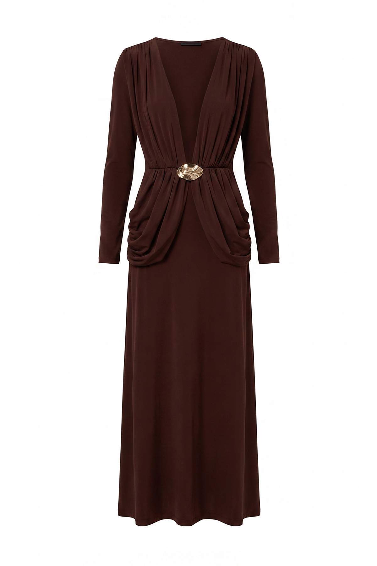 Trendyolmilla Modest Kahverengi Fitted/Vücuda Oturan Aksesuar Detaylı Büzgülü Örme Tesettür Elbise TCTAW27EB00040
