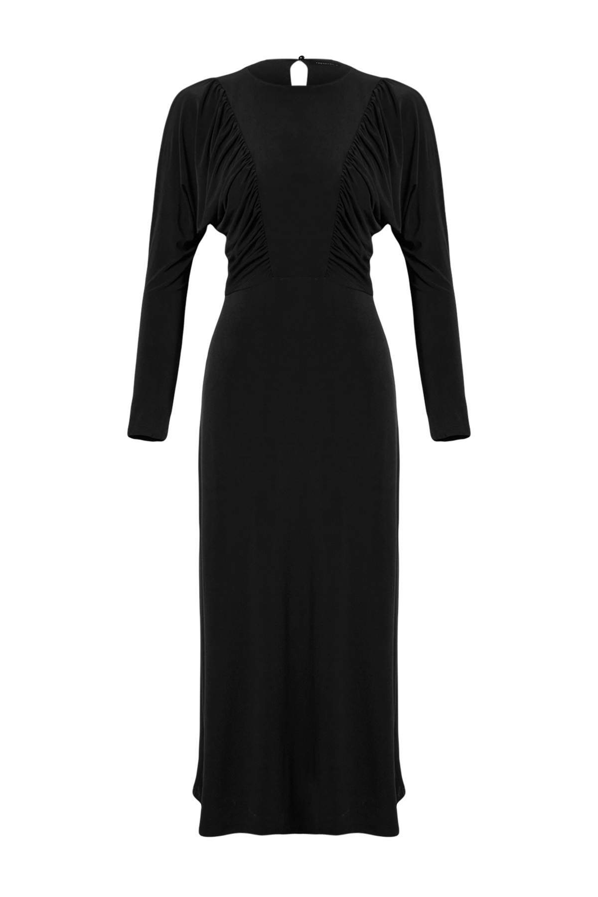 Trendyolmilla Modest Siyah A-line/Çan Form Bisiklet Yaka Büzgü Drape Detaylı Örme Tesettür Elbise TCTAW27EB00048