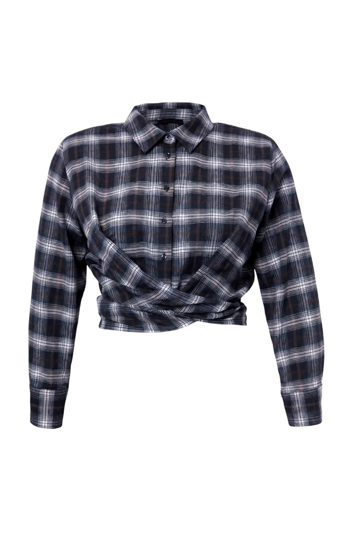 Trendyolmilla Curve Çok Renkli Kışlık Crop Ekose/Kareli Büyük Beden Gömlek TBBAW27AX00004