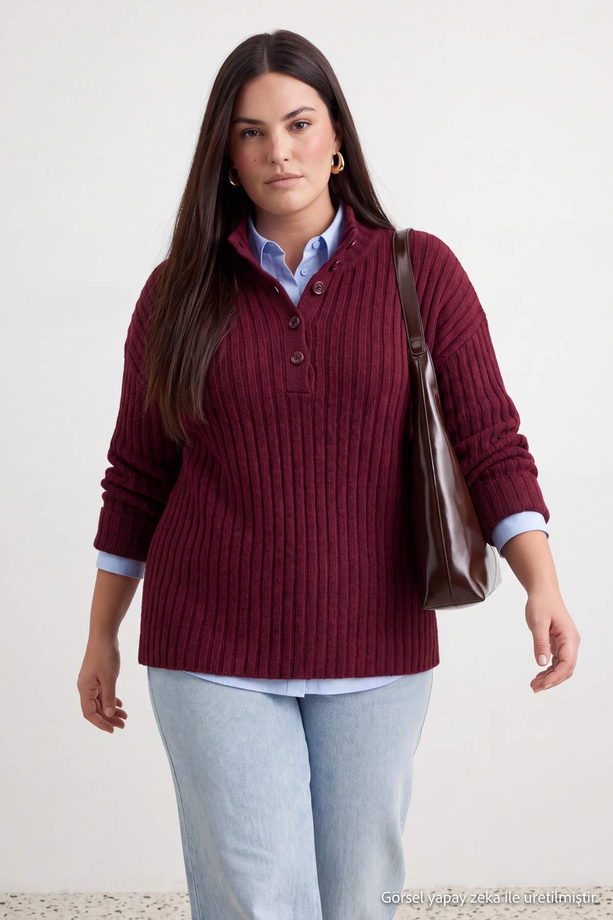 Trendyolmilla Curve Bordo Yumuşak Dokulu Fitilli Düğmeli Triko Kazak TBBAW24AN00045