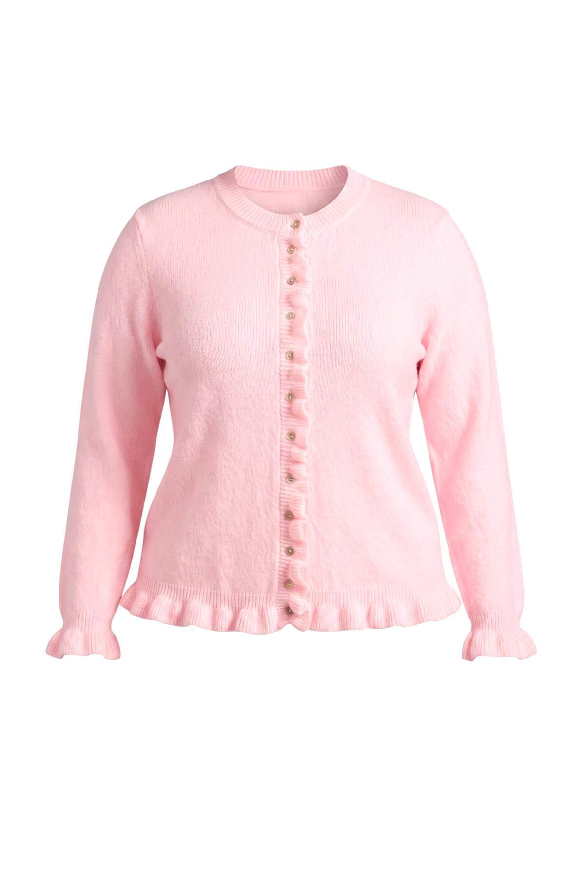 Trendyolmilla Curve Pembe Düğme & Volan Detaylı Yumuşak Dokulu Triko Hırka TBBAW26AV00031