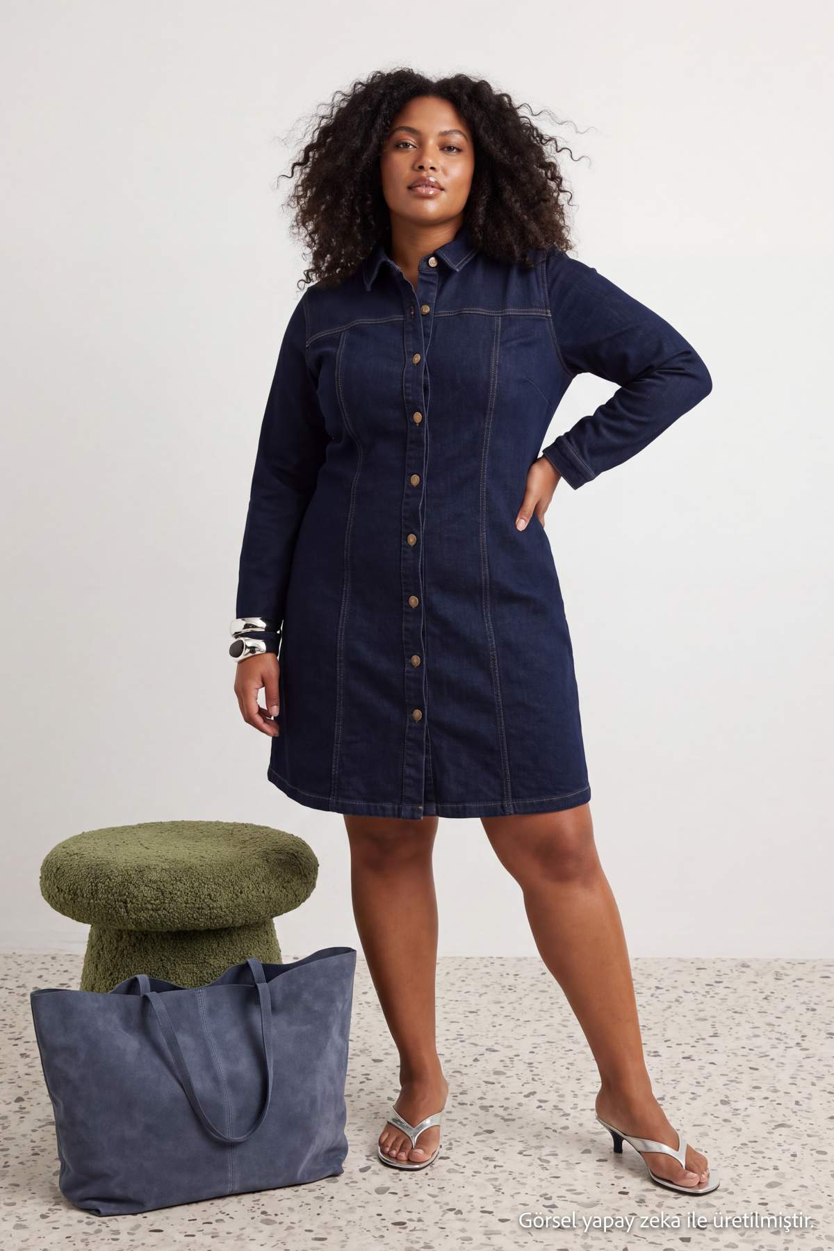 Trendyolmilla Curve Mavi*001 A-Line Esnek Denim Büyük Beden Elbise TBBAW26AH00056