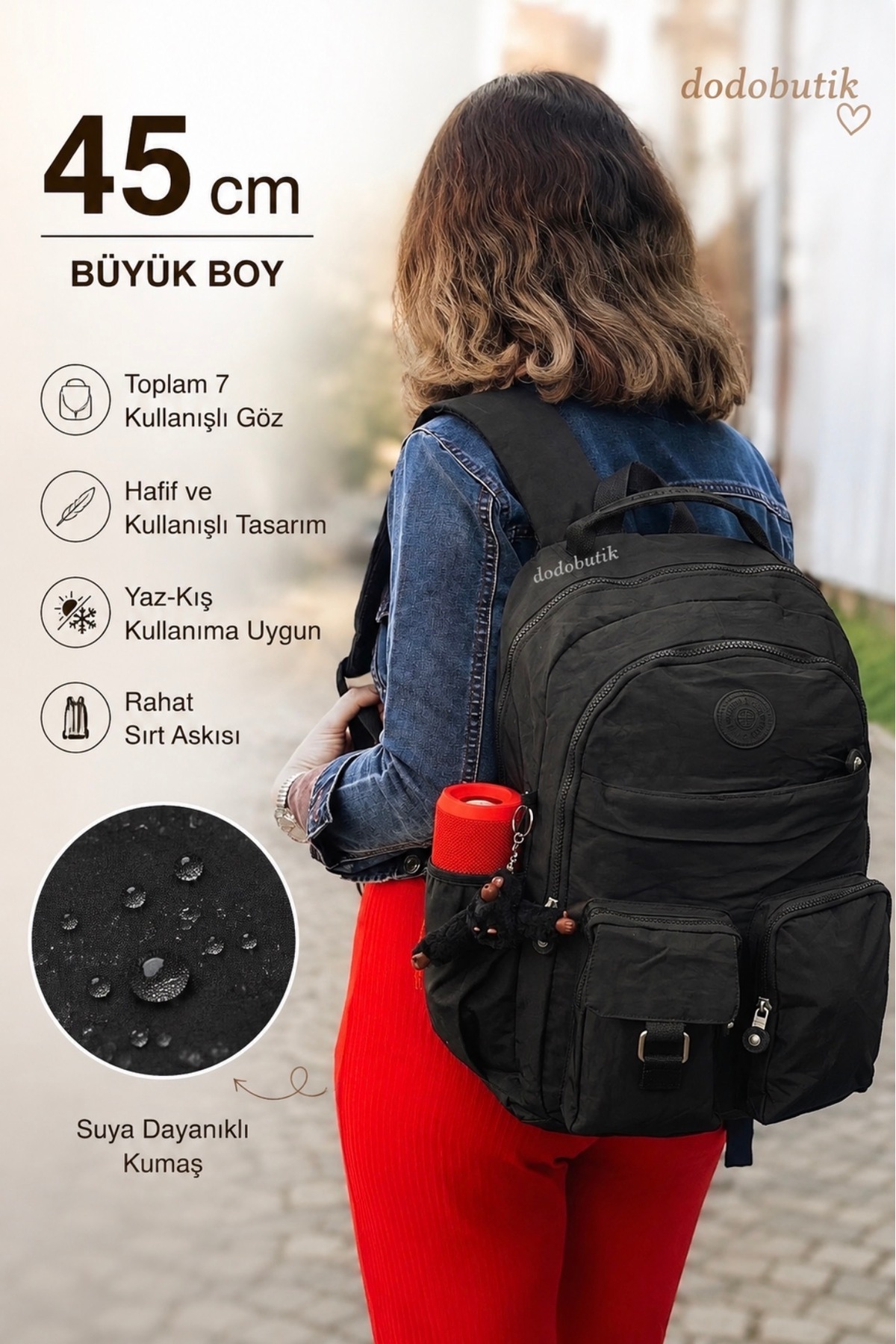 DodoButik Büyük Boy Yağmura Dayanıklı Kumaş Çok Cepli Hafif Sırt Çantası