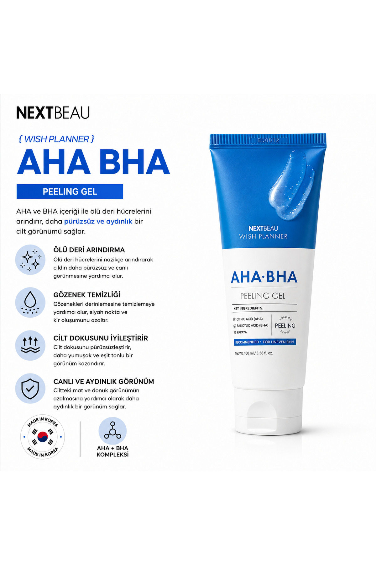 Aha Bha Cilt Yenileyici Ölü Deri Arındırıcı Peeling Etkili Gözenek Temizleyici Aydınlatıcı Yüz Jeli — NB1201