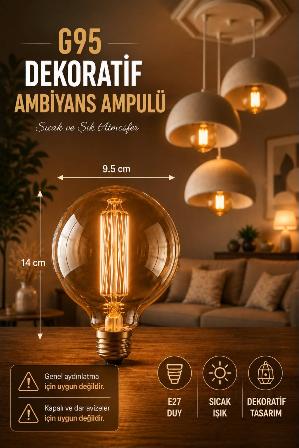 Edison G95 Ampül Rustik Ampül E27 Duy G95 Glop Model E27 Duylu Gün Işığı Led Filament Rustik Bal Cam Ampul G95