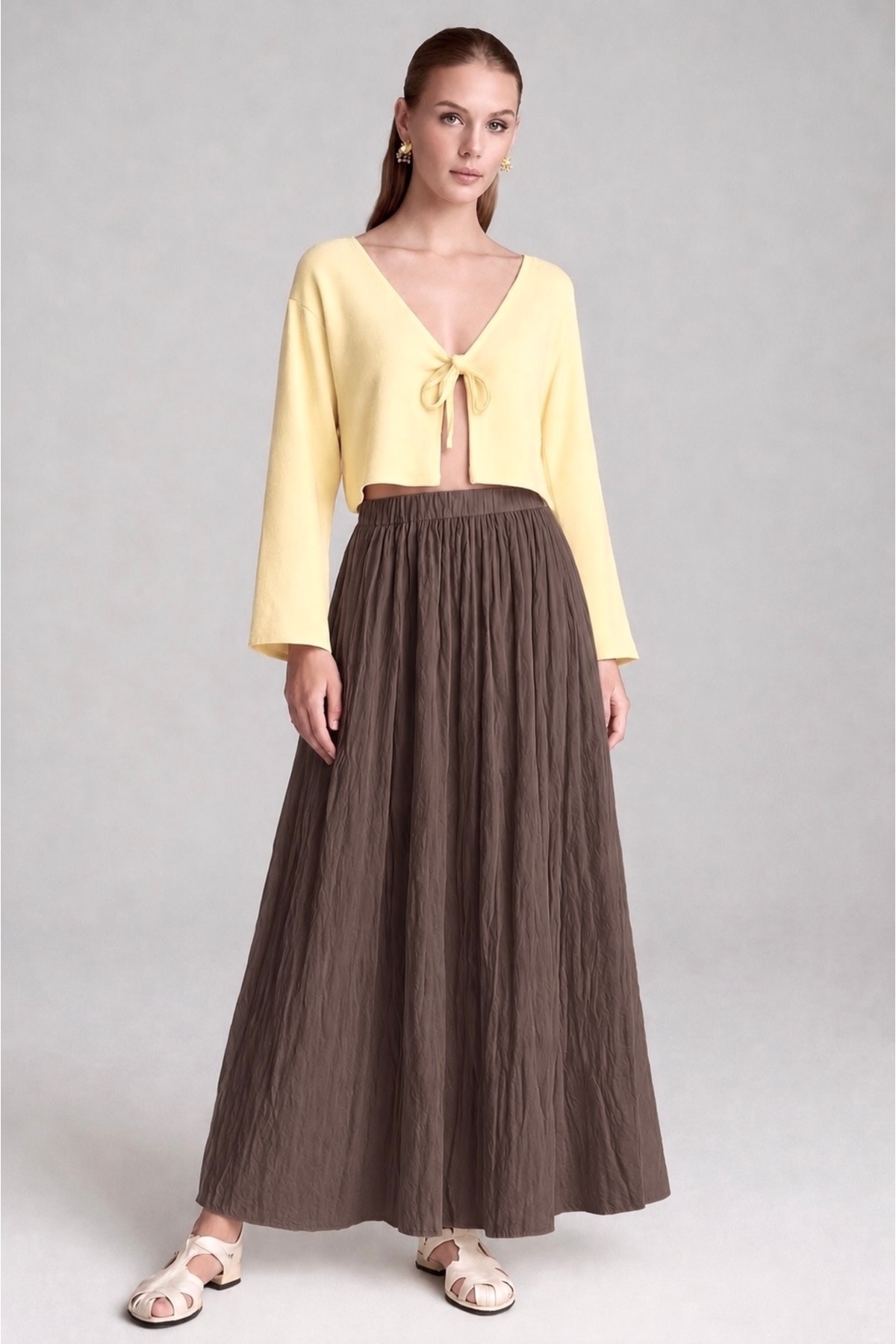 Kahra Collection Acı Kahve Vual Kumaş Kırışık Uzun Astarlı Crush Etek