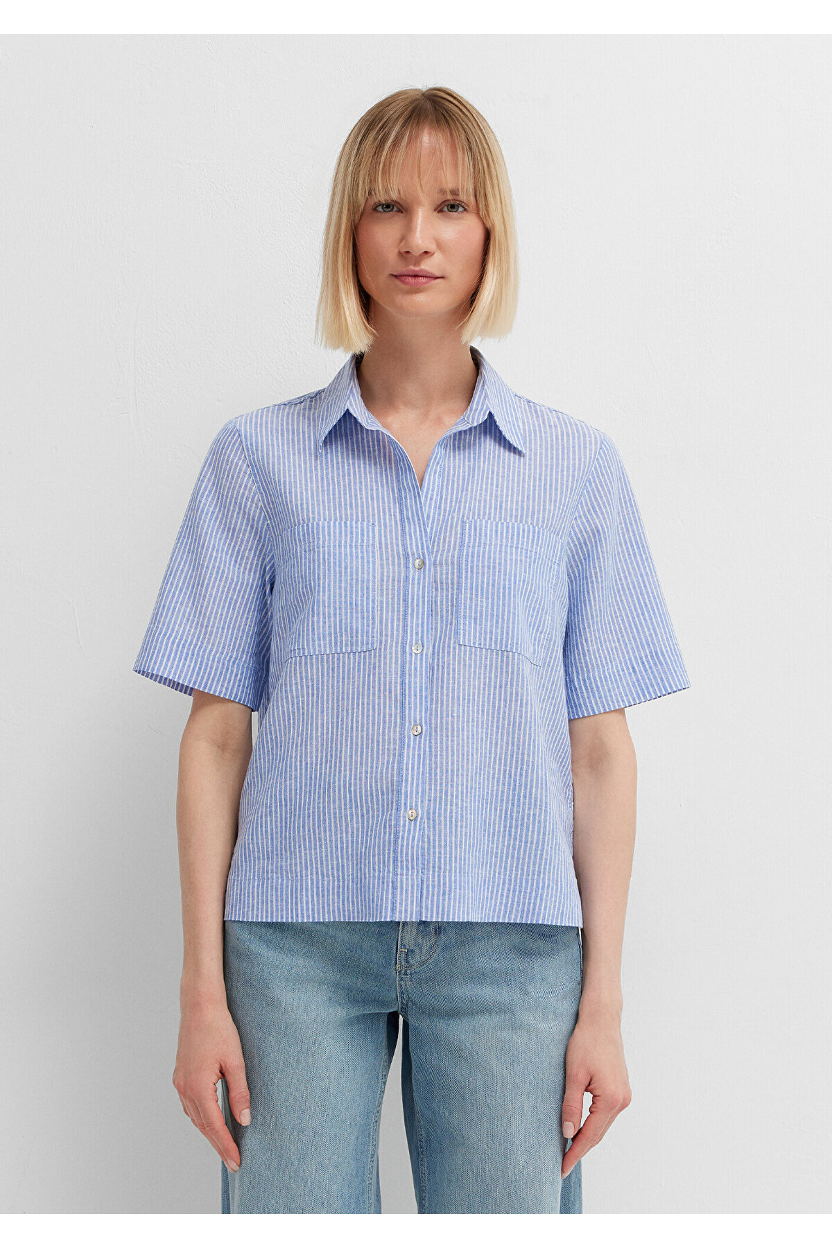 Keten Karışımlı Çizgili Gömlek Regular Fit / Normal Kesim 1220469-A6902 — آبی — تصویر 3 از 7