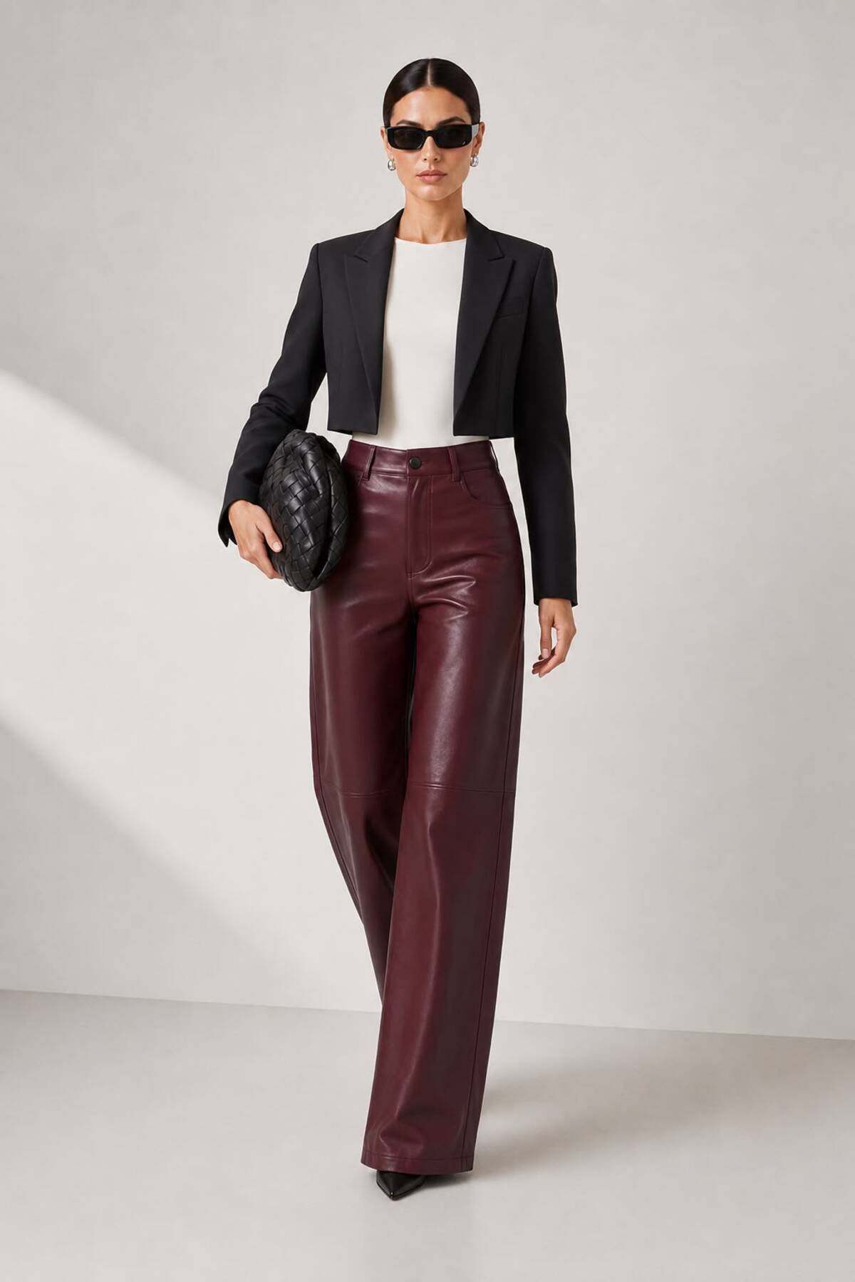 Grenj Fashion Bordo Relaxed Boru Paça Dikiş Detaylı Deri Pantolon görsel 2