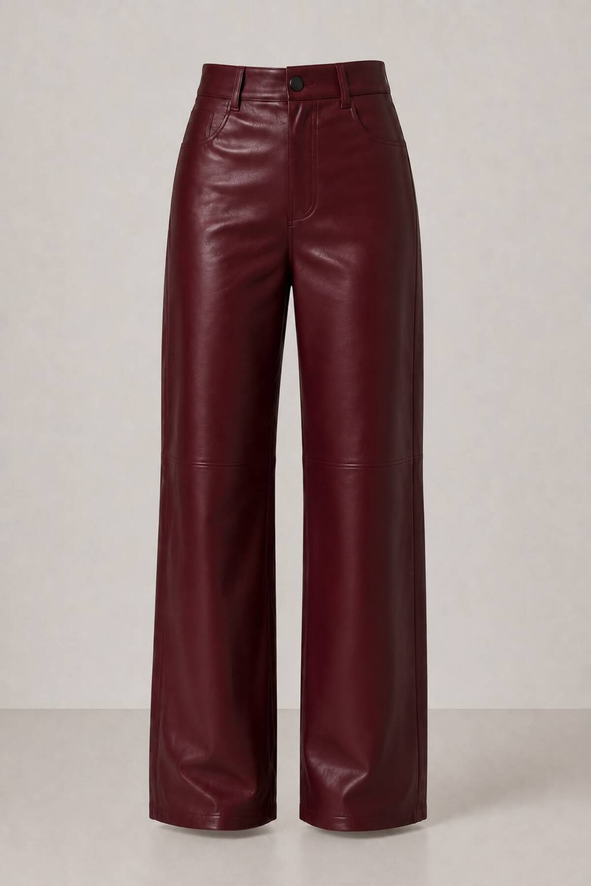 Grenj Fashion Bordo Relaxed Boru Paça Dikiş Detaylı Deri Pantolon görsel 6