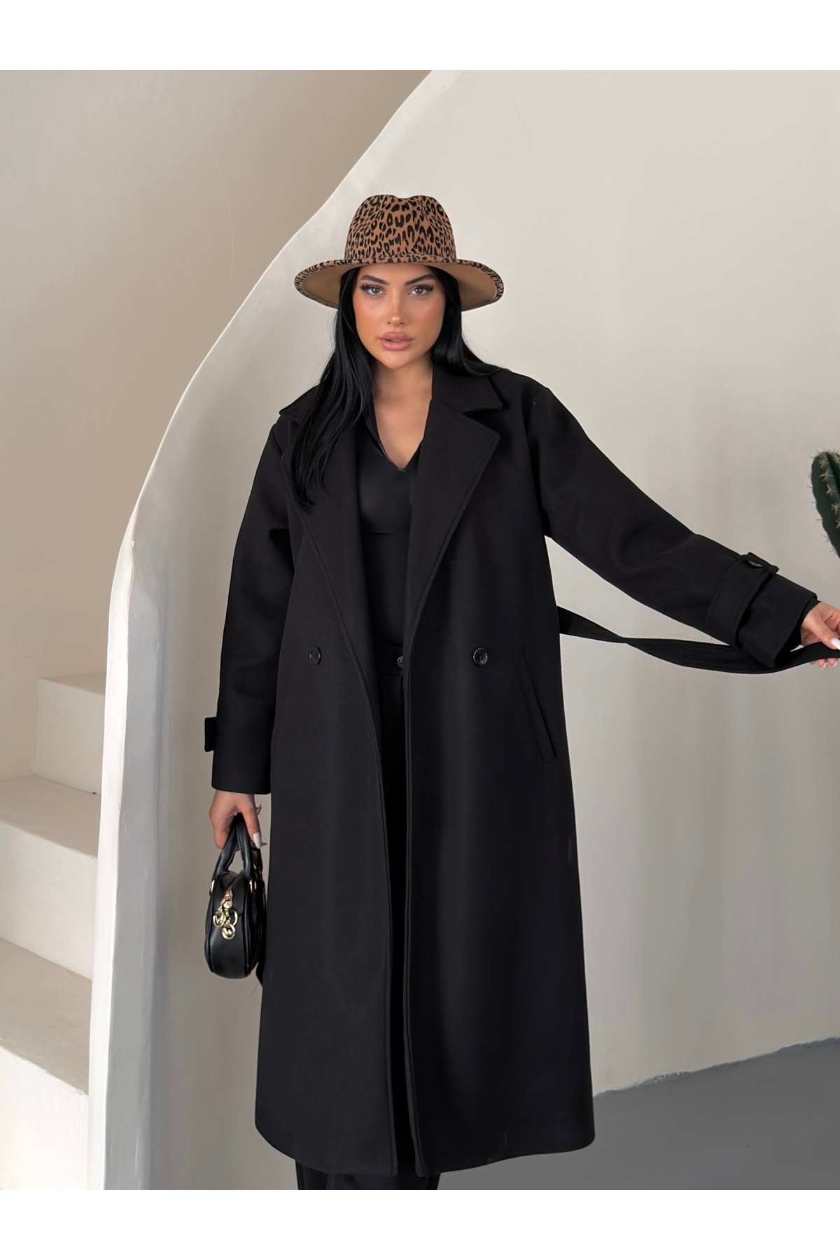 VESS MODA Kadın Kuşak ve Düğmeli Uzun Kaşe Kaban Siyah görsel 7