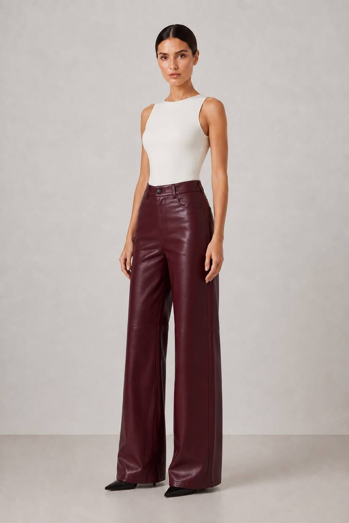 Grenj Fashion Bordo Relaxed Boru Paça Dikiş Detaylı Deri Pantolon görsel 3