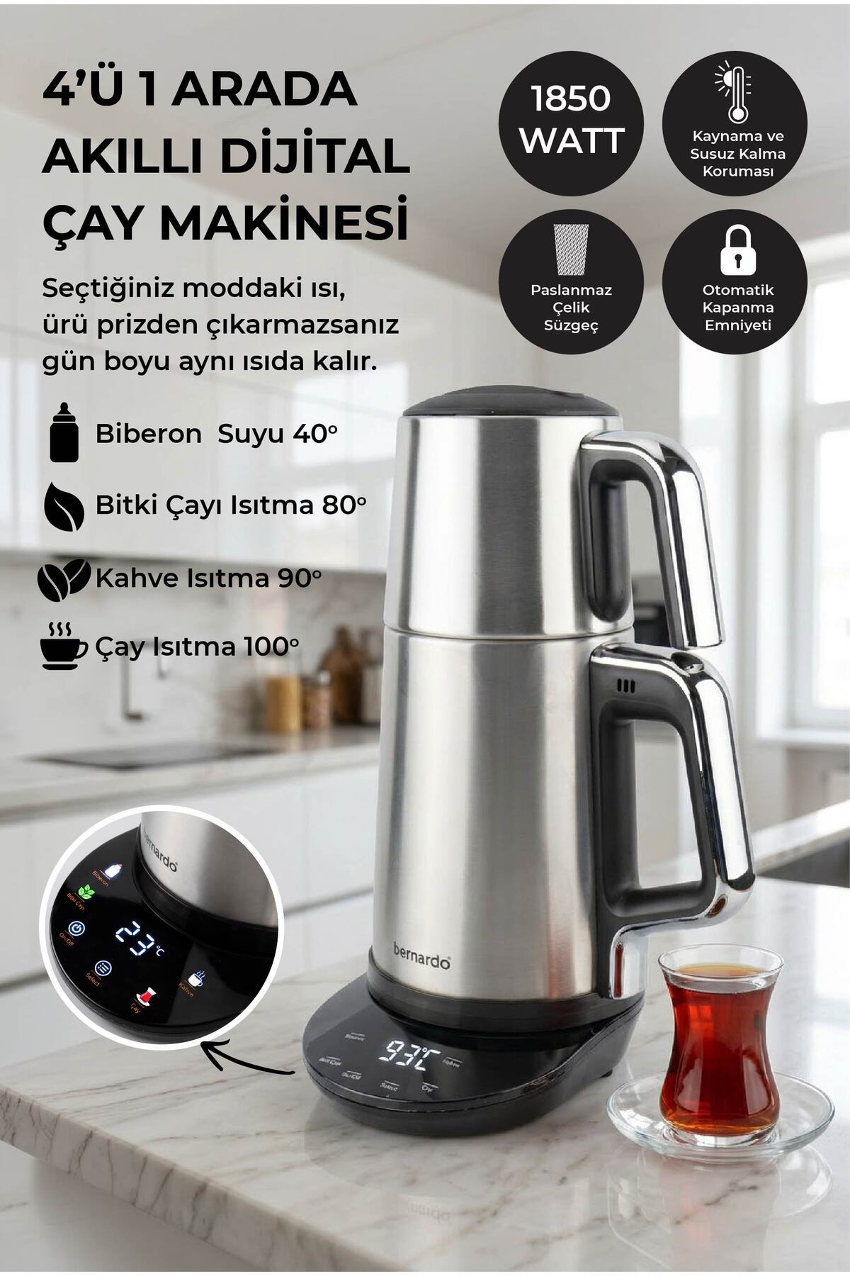 Bernardo Nova Dijital Akıllı Çelik Demlikli 1800 W Çay Makinesi ve Kettle Inox (Demlik: 0,9 L- Kettle: 1,7 L)