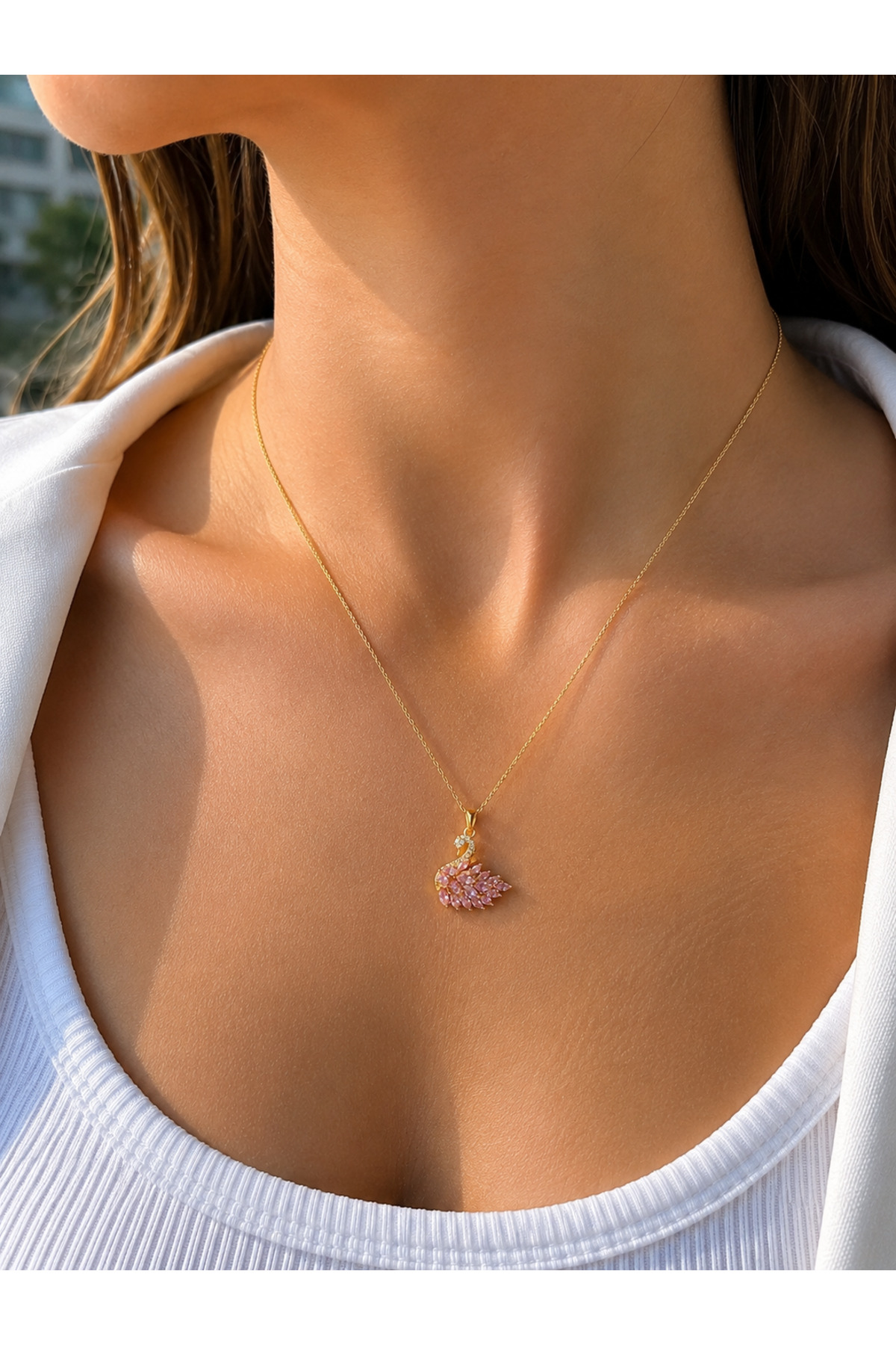 ATALYA ACCESSORY Kuğu Modeli Taş Detaylı Minimal Zirkon Taşlı Zincir Paslanmaz Çelik Kolye görsel 4