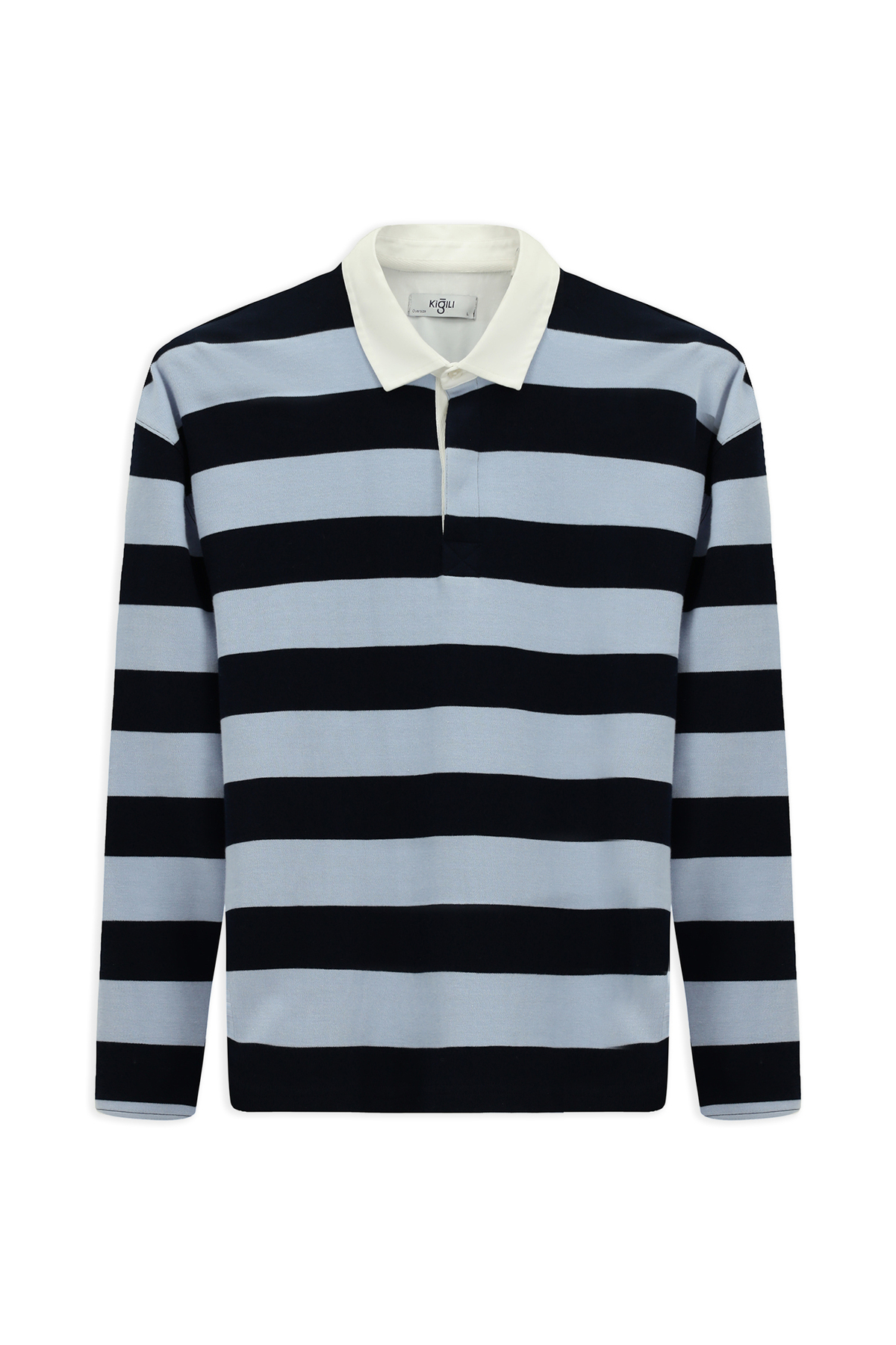 Polo Yaka Oversize Ekstra Rahat Kesim Çizgili Pamuk Sweatshirt — آبی KK26CBC0CZ001 — تصویر 2 از 7