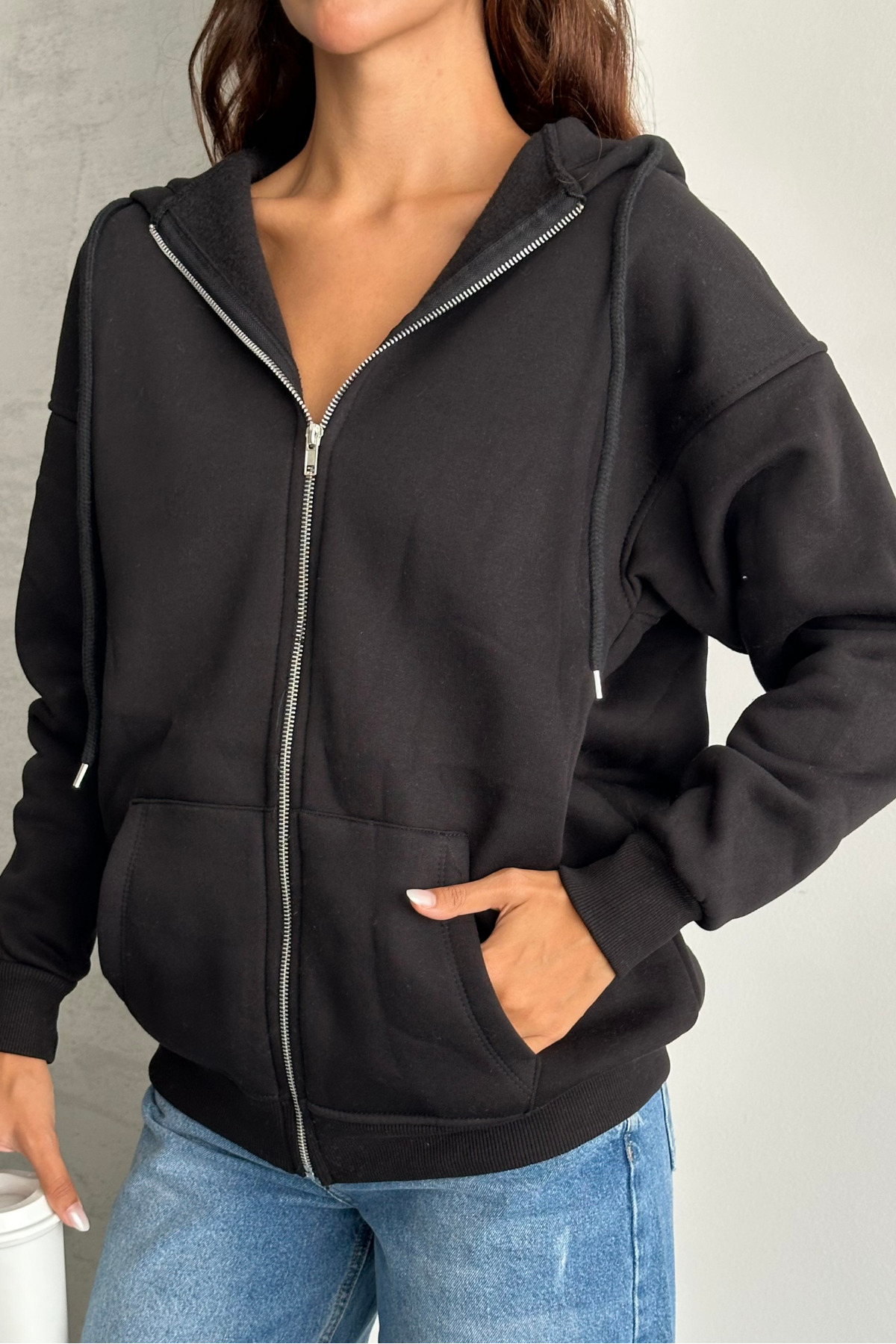macharel jeans Oversize Kalıp 3 Iplik Şardonlu Metal Fermuarlı Kapşonlu Sweatshirt Siyah görsel 7
