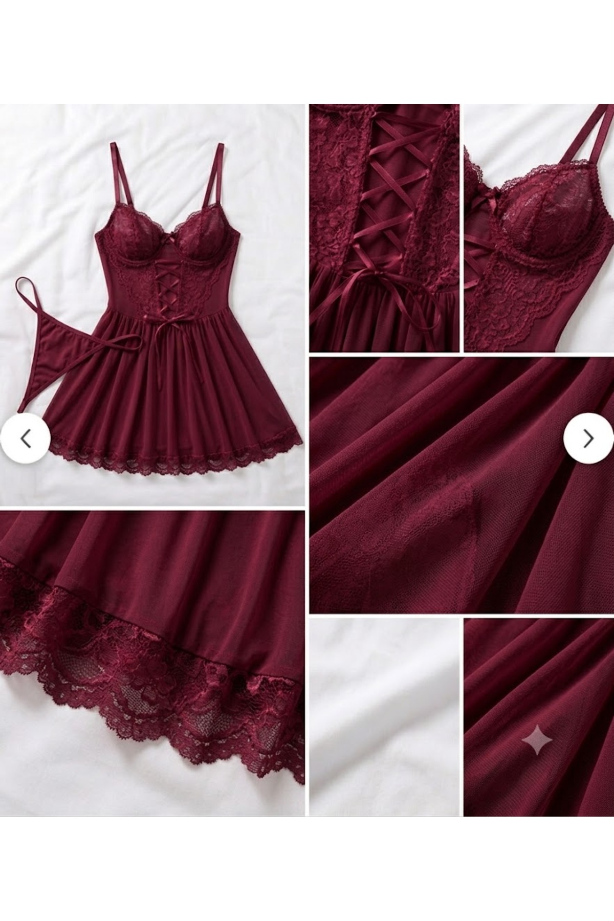 Velvet Kiss Bordo Dantelli Tül Gecelik - Tanga Hediyeli Gecelik görsel 3