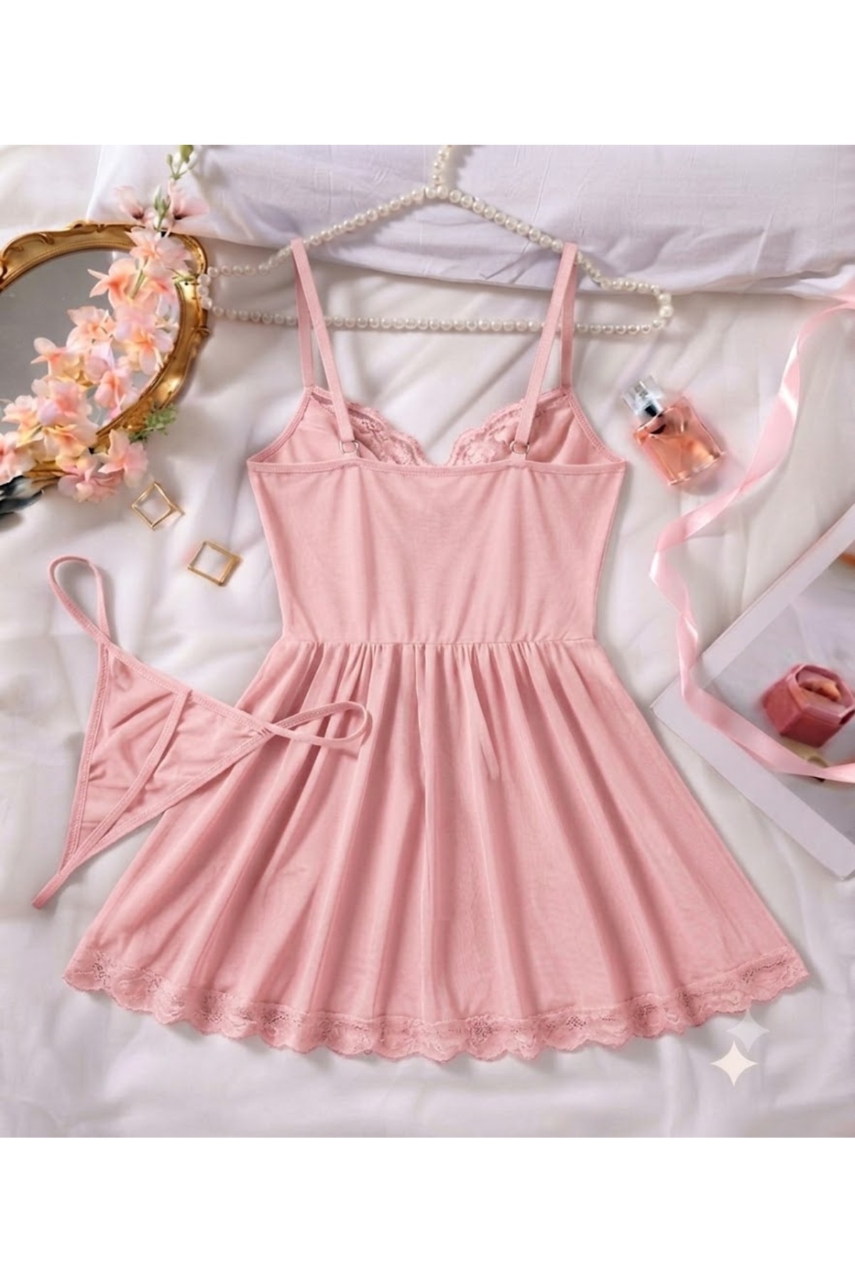 Velvet Kiss Pembe Dantelli Tül Gecelik - Tanga Hediyeli Gecelik görsel 3