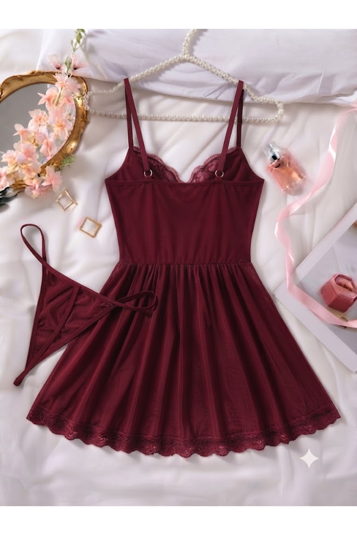 Velvet Kiss Bordo Dantelli Tül Gecelik - Tanga Hediyeli Gecelik görsel 2