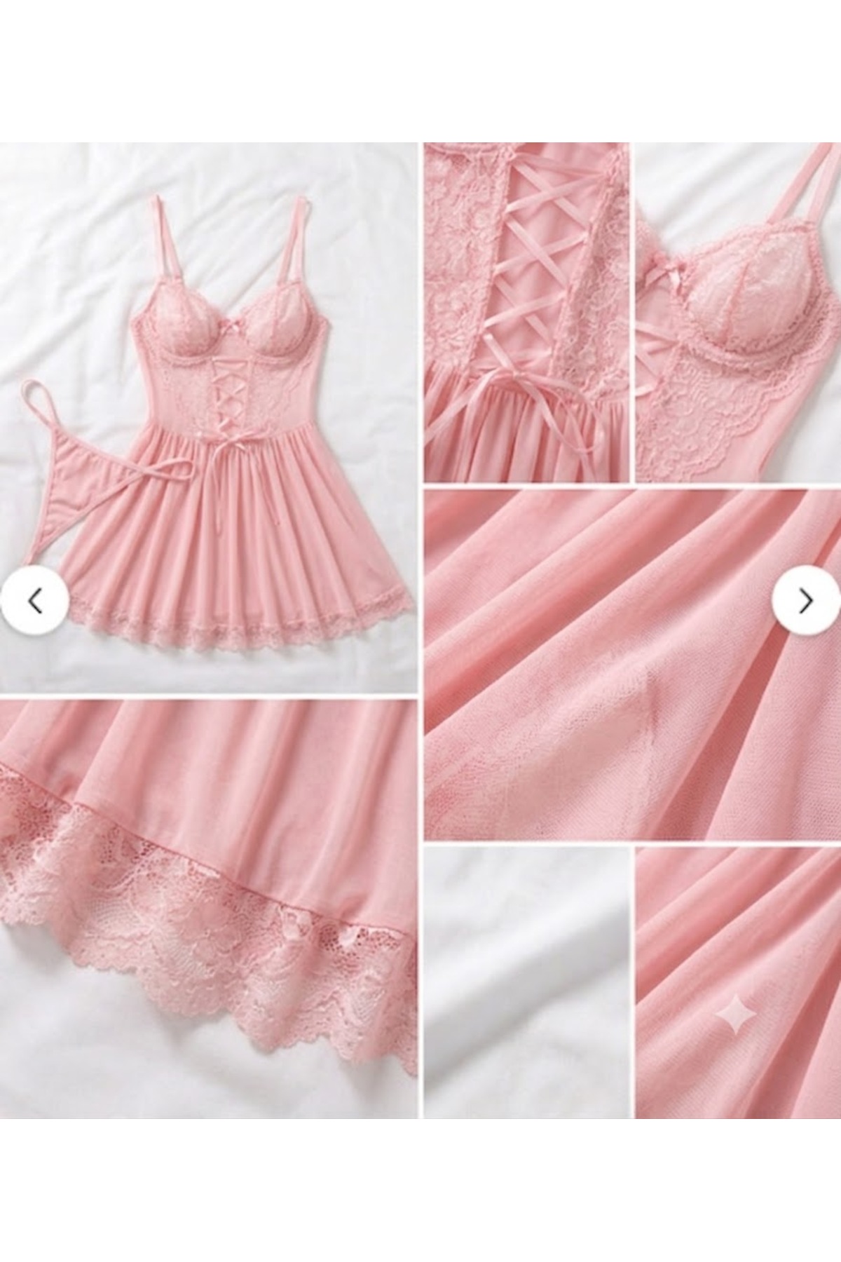 Velvet Kiss Pembe Dantelli Tül Gecelik - Tanga Hediyeli Gecelik görsel 2