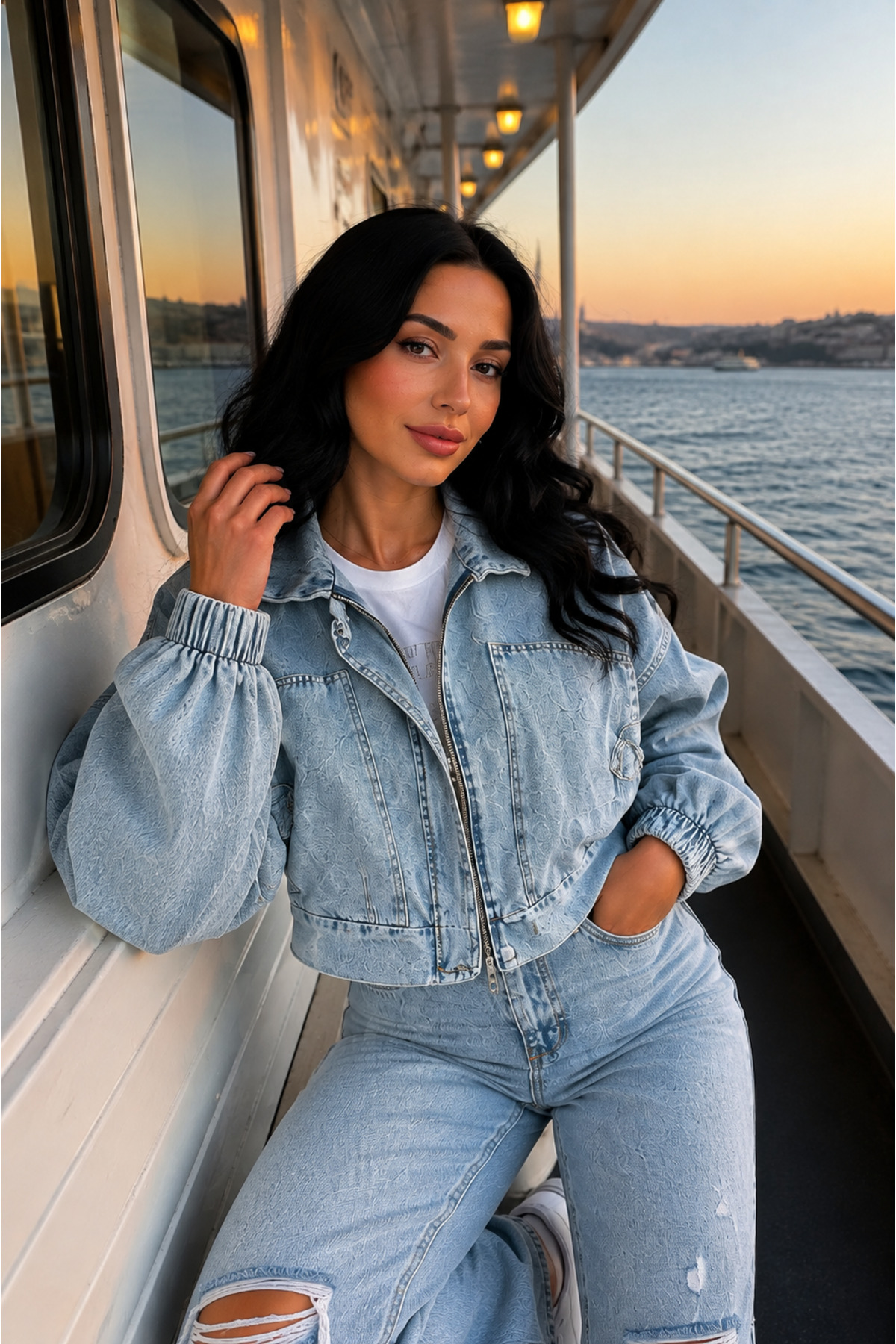 Myawomenswear Kadın Açık Mavi Kısa Denim Ceket, Elastik Manşetli Crop Model görsel 3