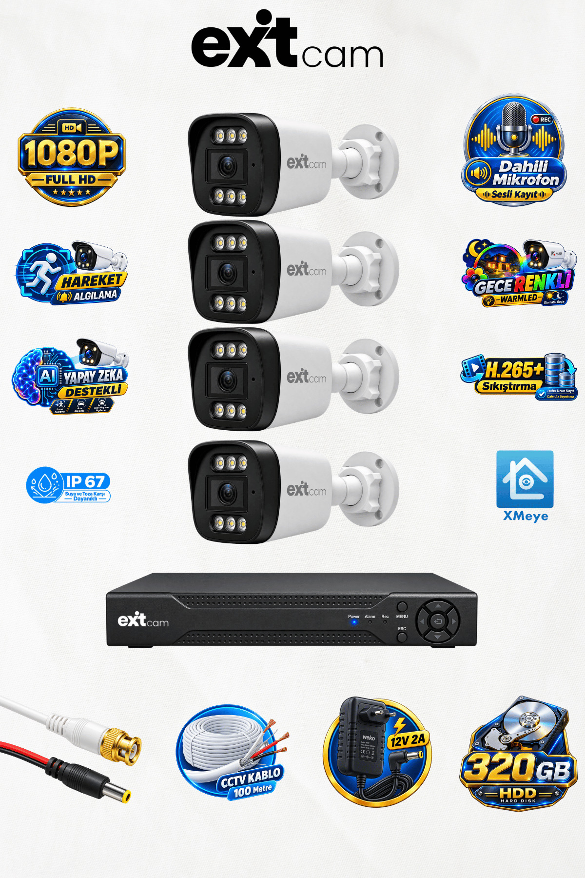 EXİTCAM 4 Kameralı Full HD AHD Güvenlik Seti – 4 Kanal DVR, 320 GB HDD, Renkli Gece Görüşü, Yüz ve A