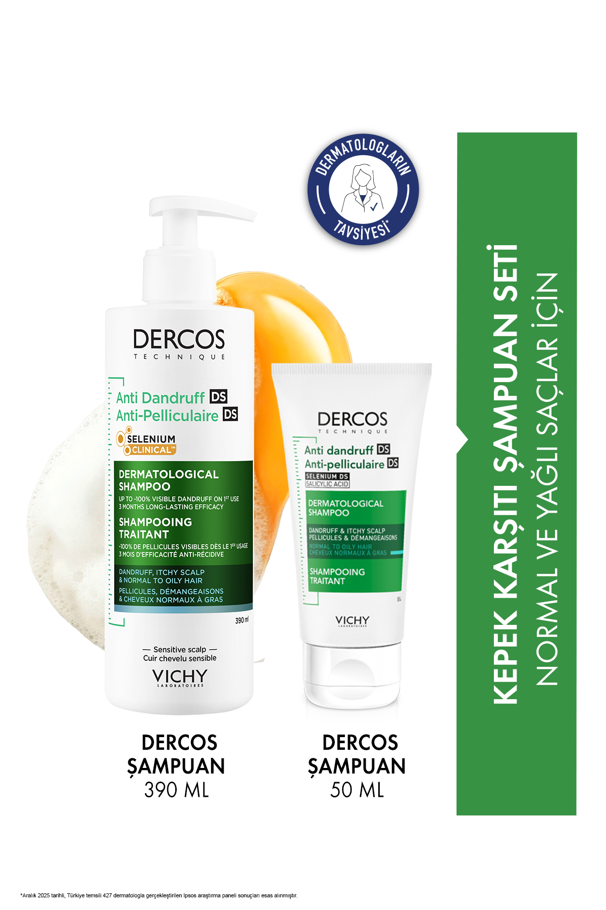 Vichy Dercos Şampuan Seti: Kepek Karşıtı Normal/ Yağlı Saçlar İçin Şampuan 390 ml & 50 ml Şampuan — VCH20230015