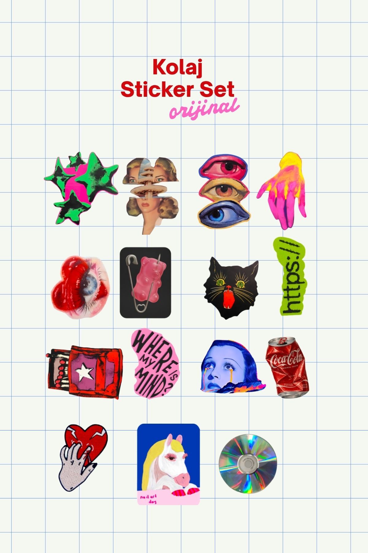Kolaj Sticker Seti, Retro ve Pop Art Laptop Defter Telefon Etiketi