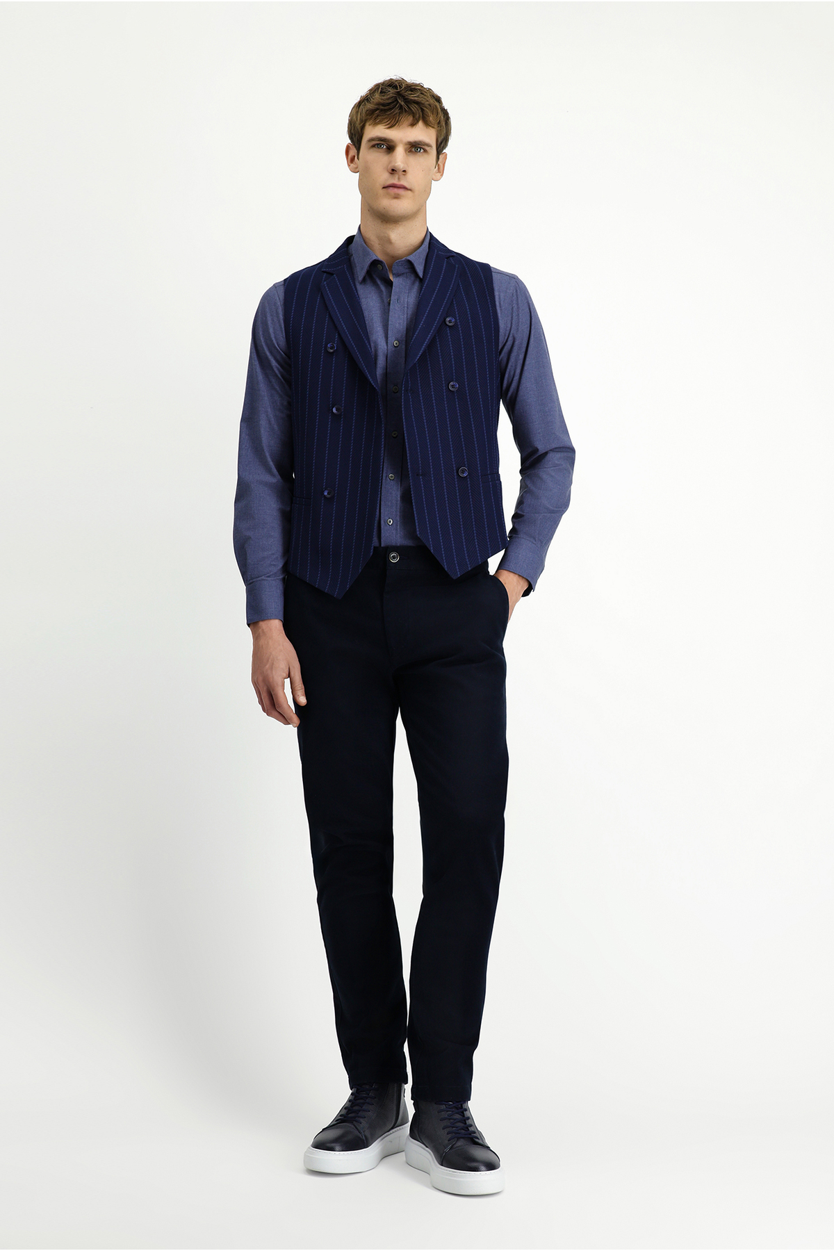 Kiğılı Slim Fit Dar Kesim Çizgili Klasik Kruvaze Yelek görsel 4