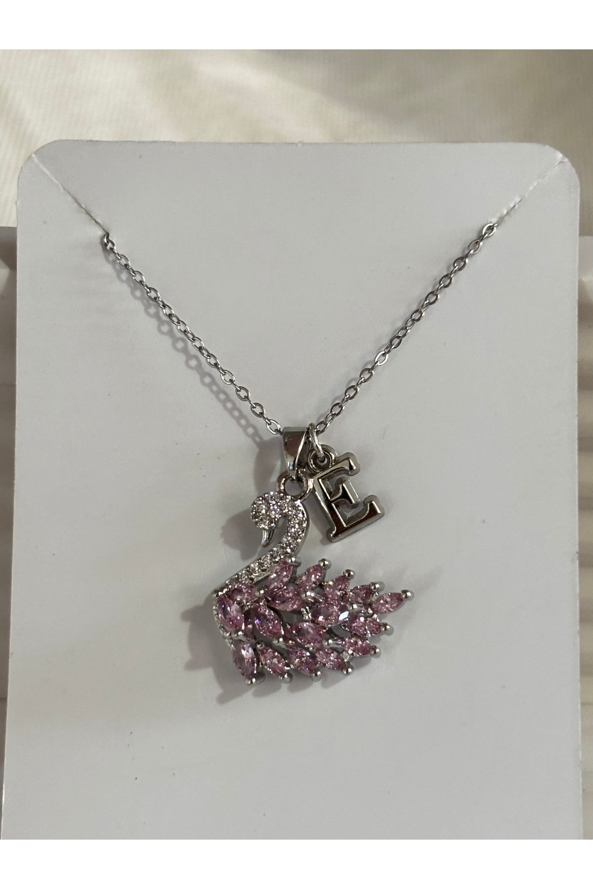 bijoux uniques 316L Çelik pembe zirkon taşlı kuğu E harfli kolye