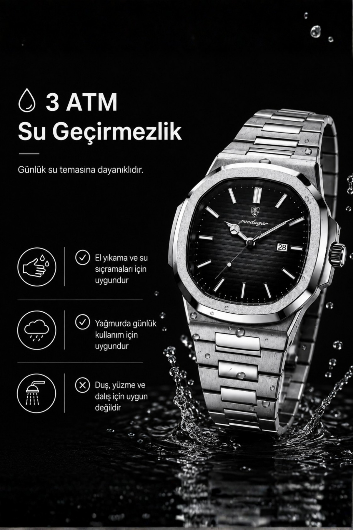 POEDAGAR Erkek Kol Saati Paslanmaz Çelik 40mm görsel 2