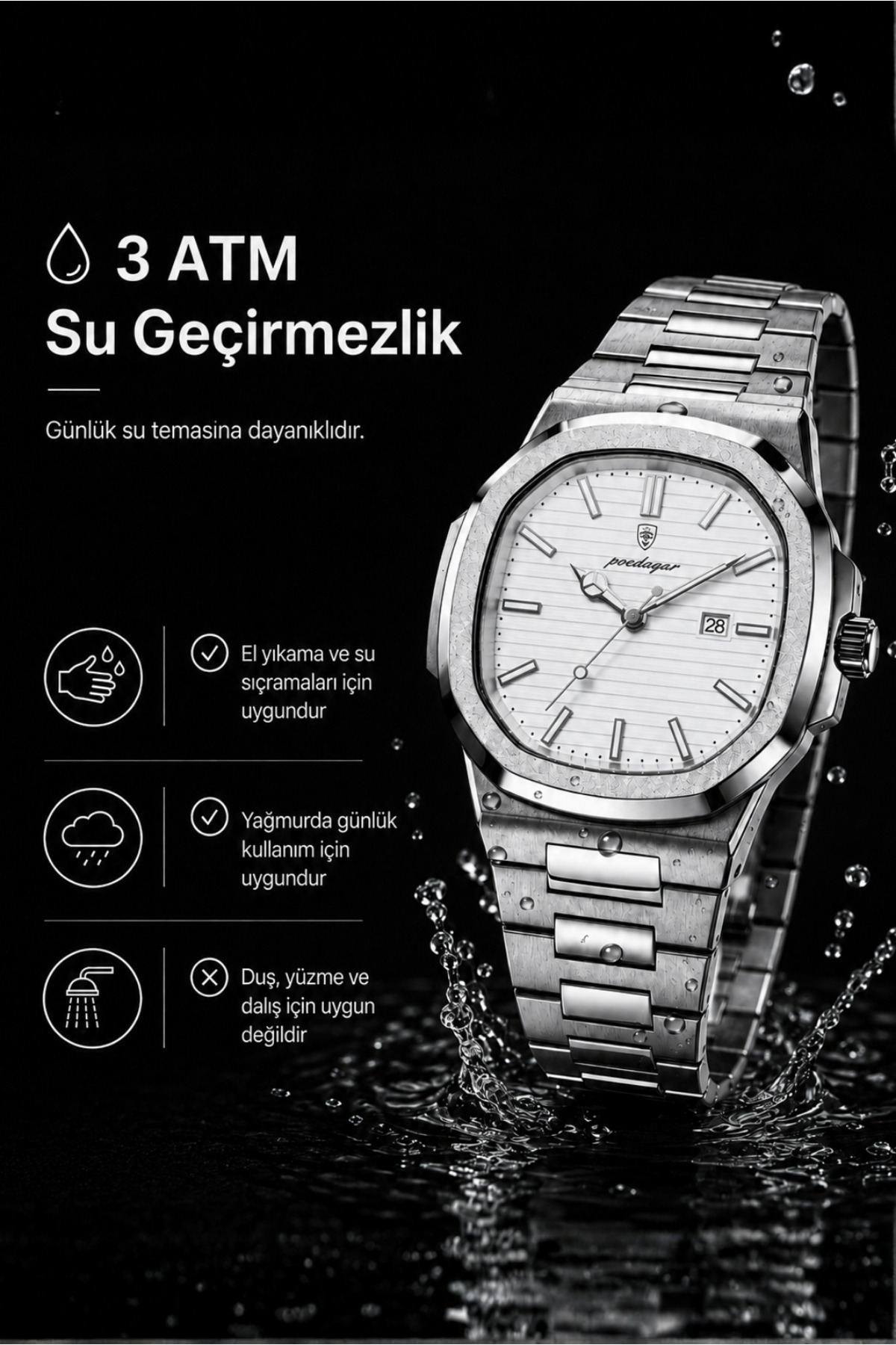 Rollas&Co Caspien Erkek Kol Saati Takvimli 40mm Şık Klasik 3 ATM Suya Dayanıklı görsel 2
