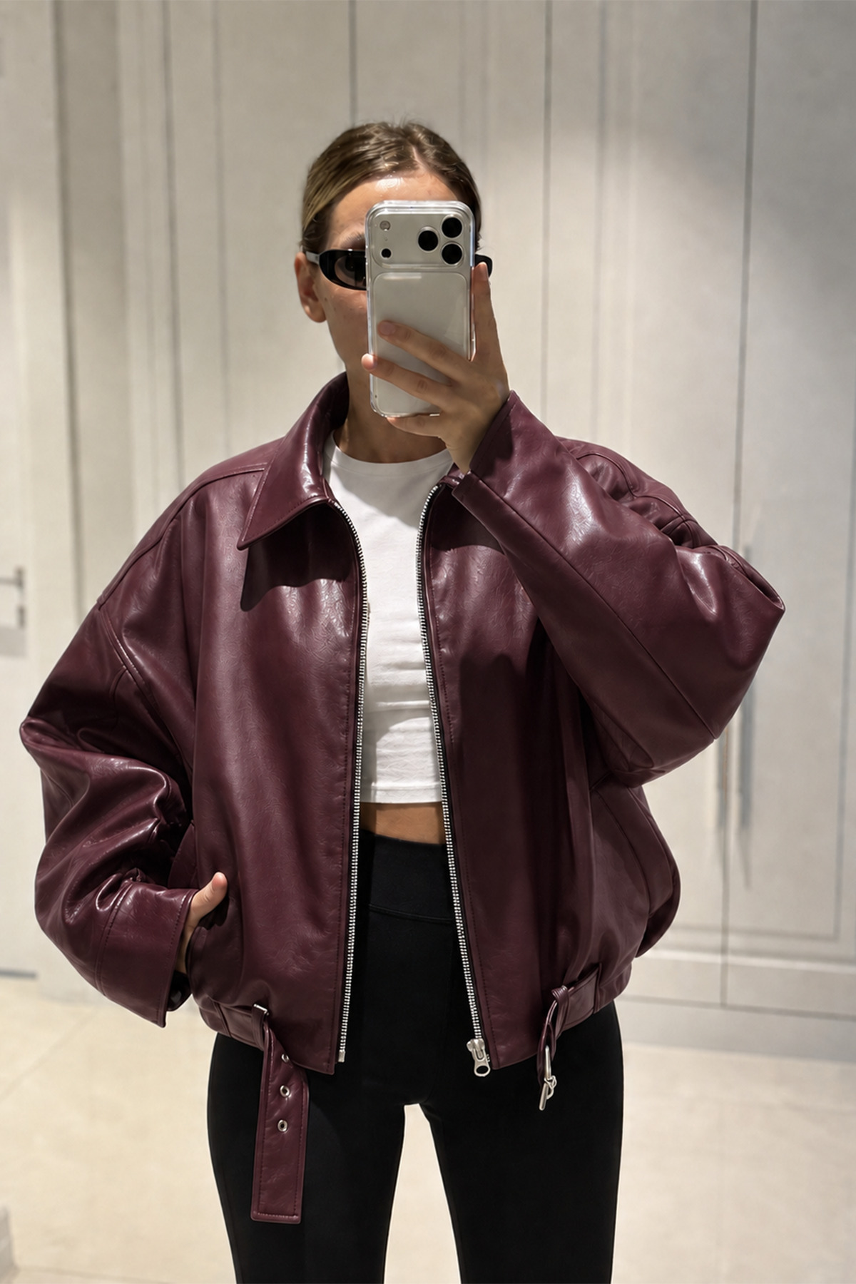 MANMARK Kadın Oversize Deri Ceket– Oversize Relax Fit, Fermuarlı Kemer Detaylı Günlük Kadın Ceket